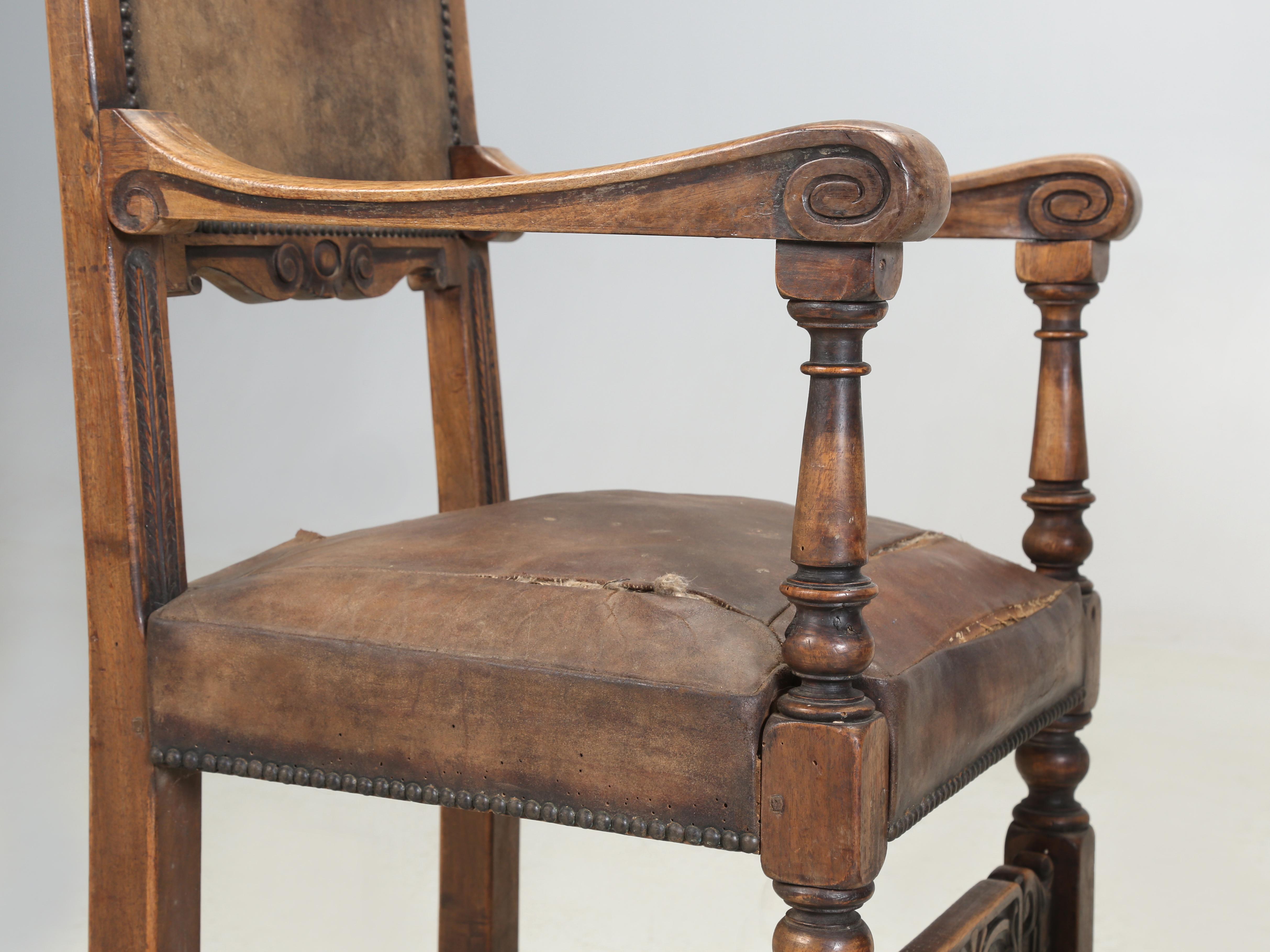 Antique Pair Spanish Walnut Arm Chairs Completely Unrestored Original Leather 6