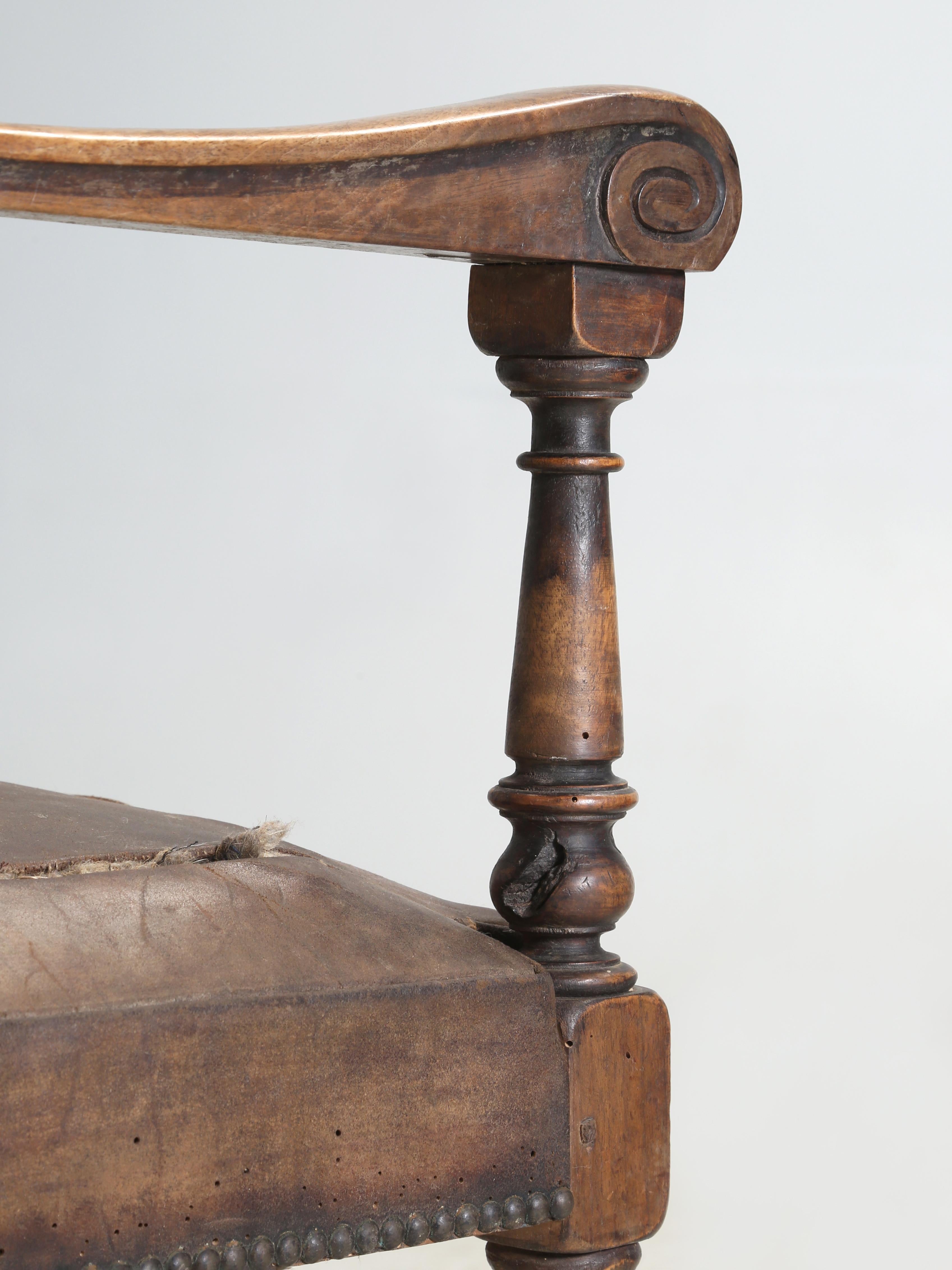 Antique Pair Spanish Walnut Arm Chairs Completely Unrestored Original Leather 7