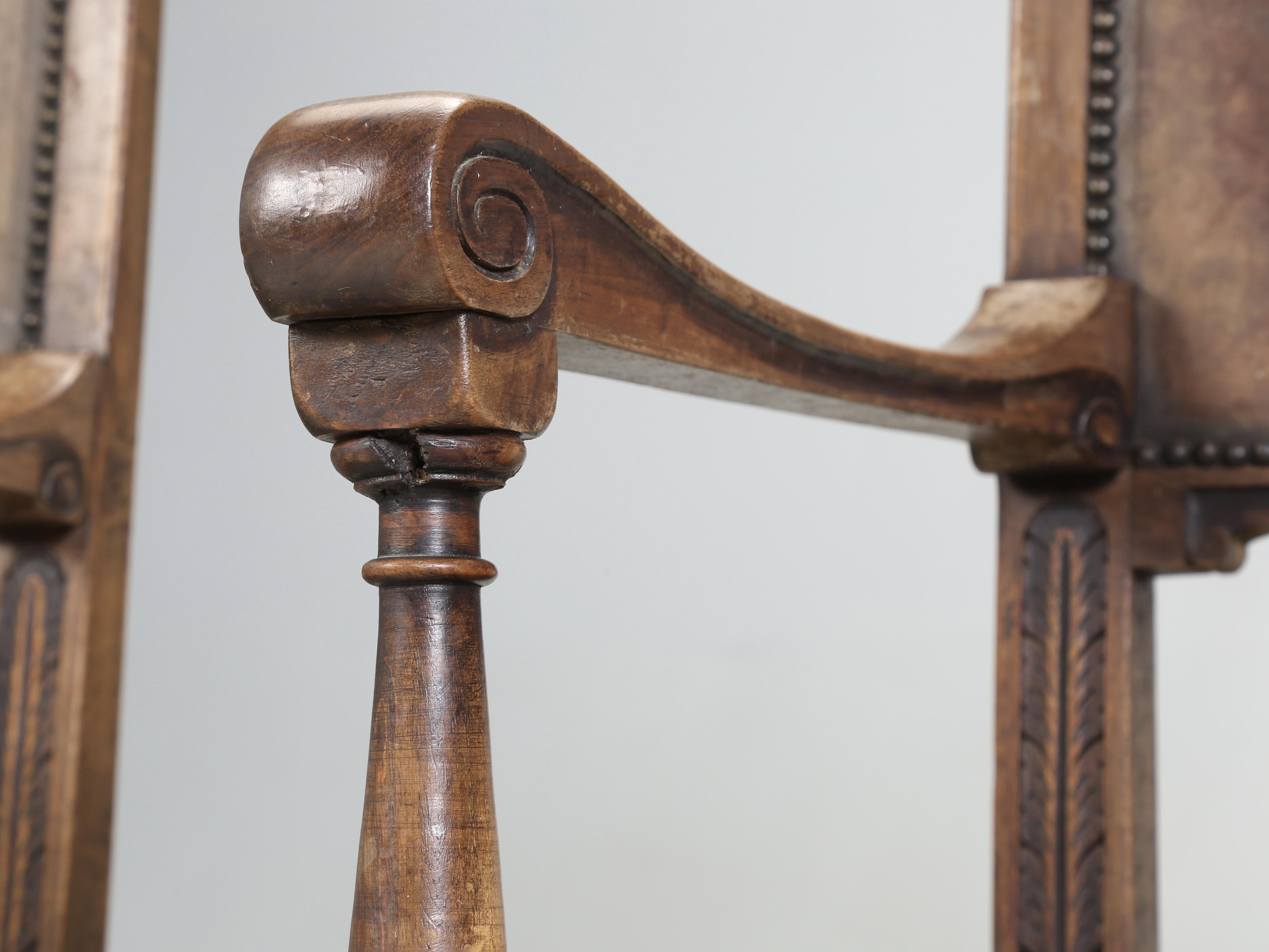 Antique Pair Spanish Walnut Arm Chairs Completely Unrestored Original Leather 8
