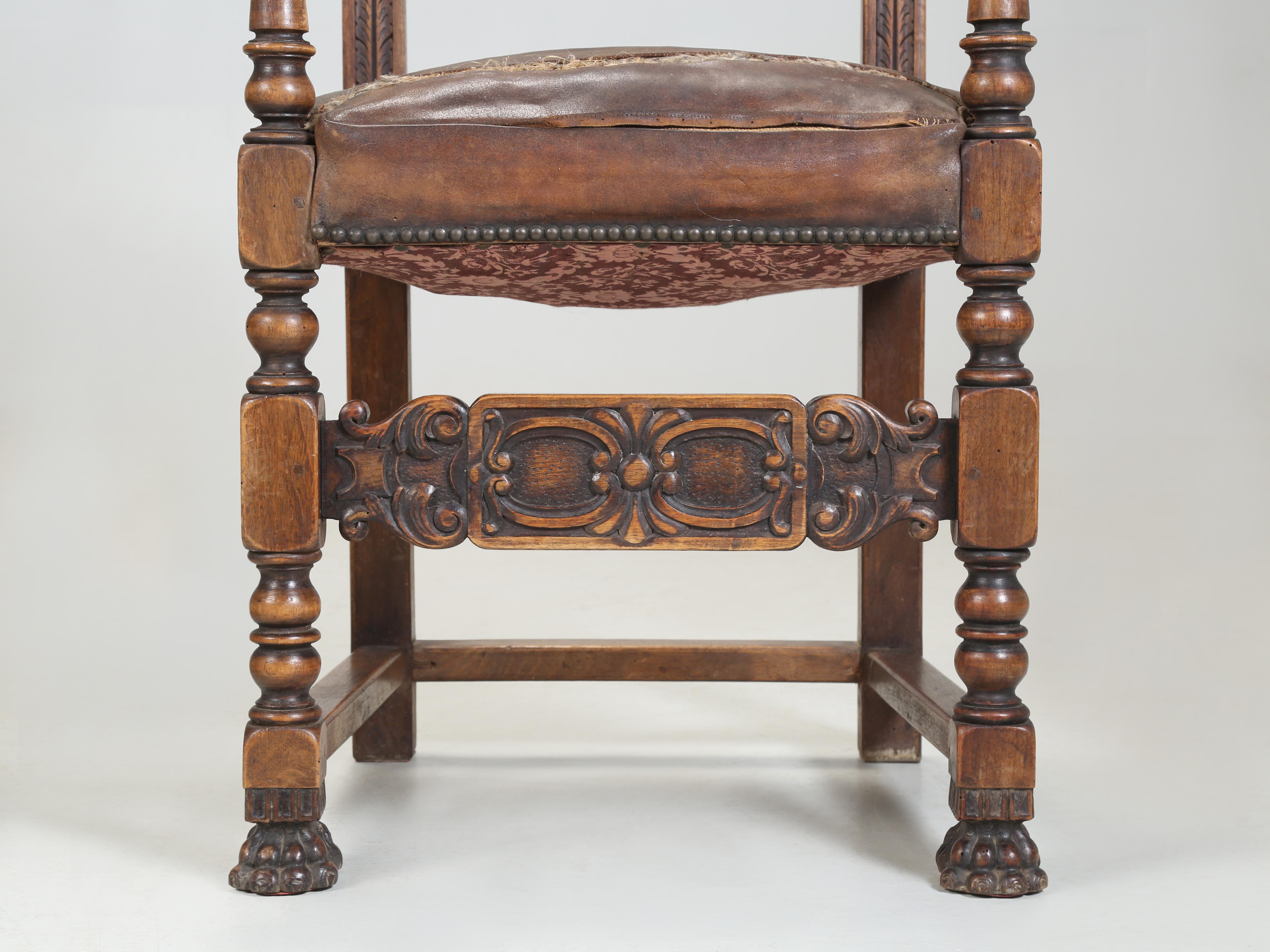 Antique Pair Spanish Walnut Arm Chairs Completely Unrestored Original Leather 9