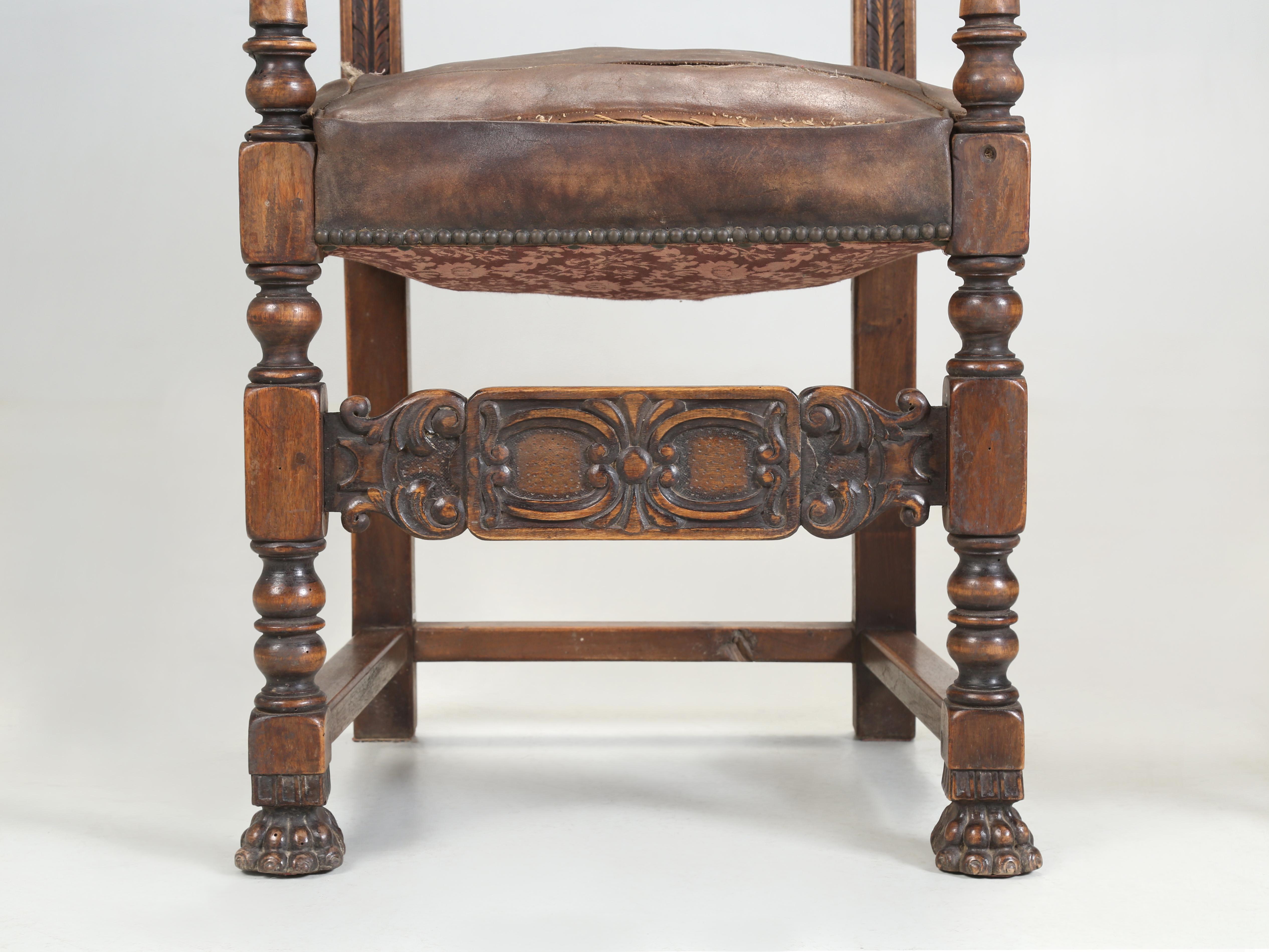 Antique Pair Spanish Walnut Arm Chairs Completely Unrestored Original Leather 10