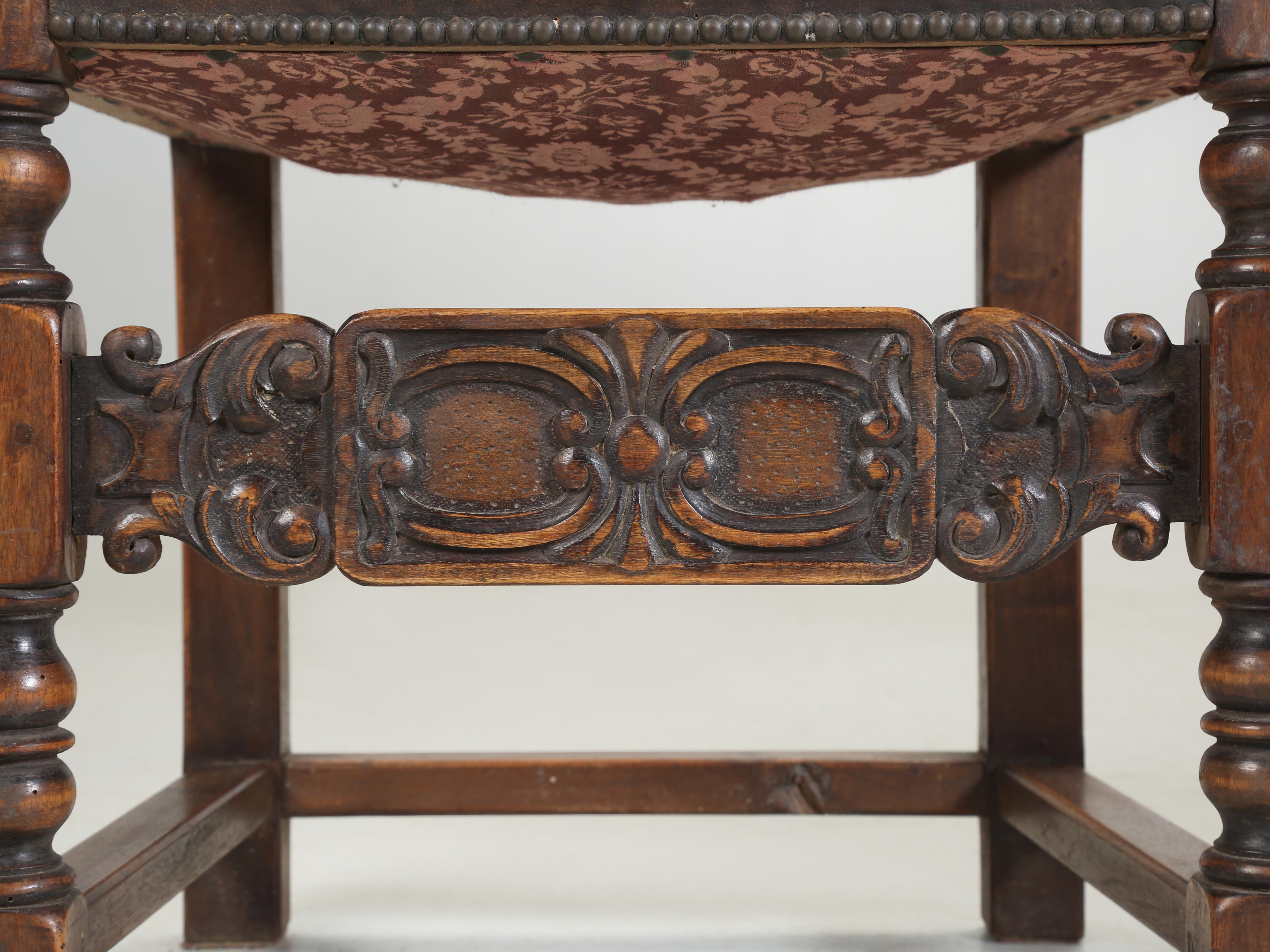 Antique Pair Spanish Walnut Arm Chairs Completely Unrestored Original Leather 11