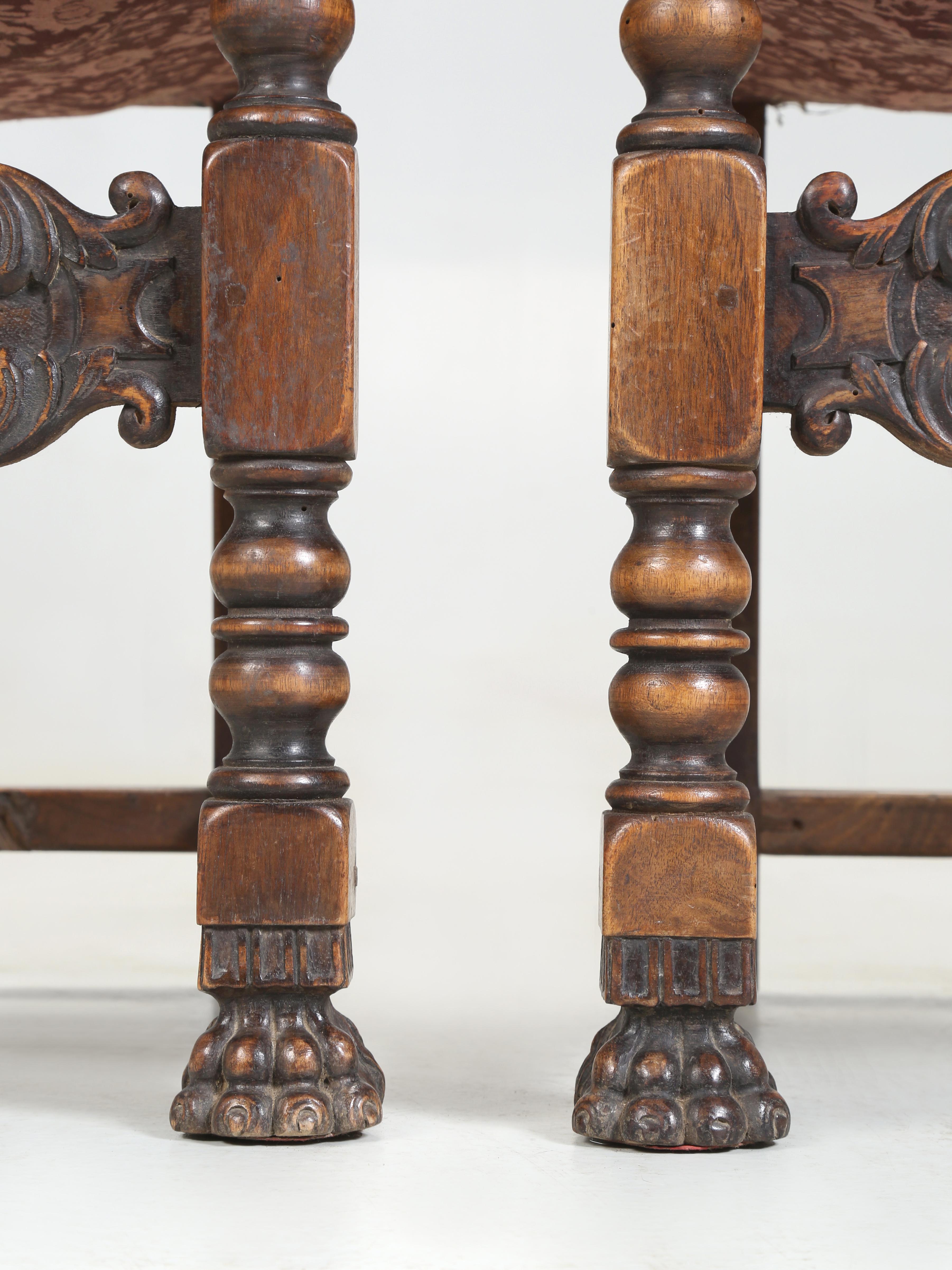 Antique Pair Spanish Walnut Arm Chairs Completely Unrestored Original Leather 12