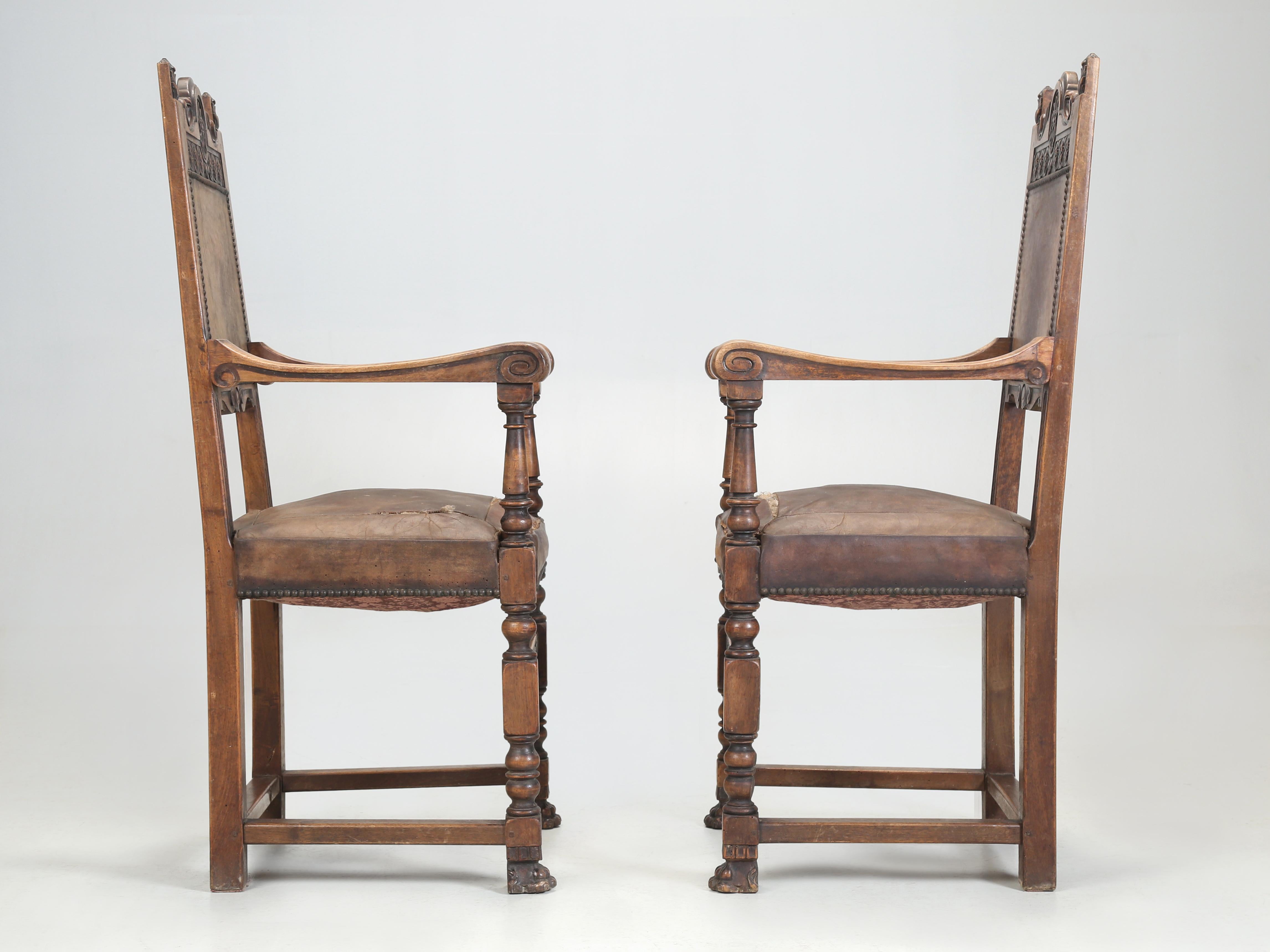 Antique Pair Spanish Walnut Arm Chairs Completely Unrestored Original Leather 13