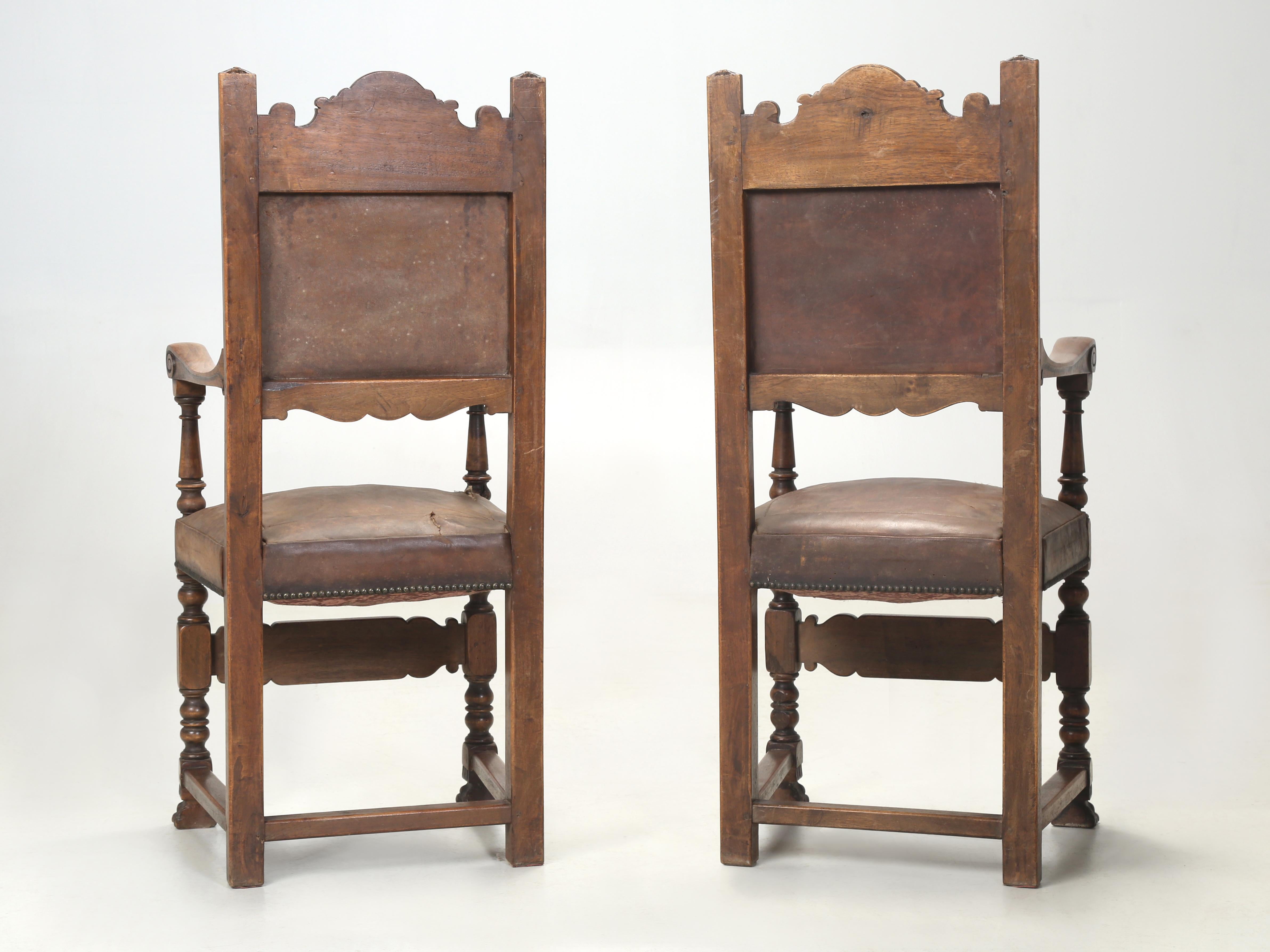 Antique Pair Spanish Walnut Arm Chairs Completely Unrestored Original Leather 14