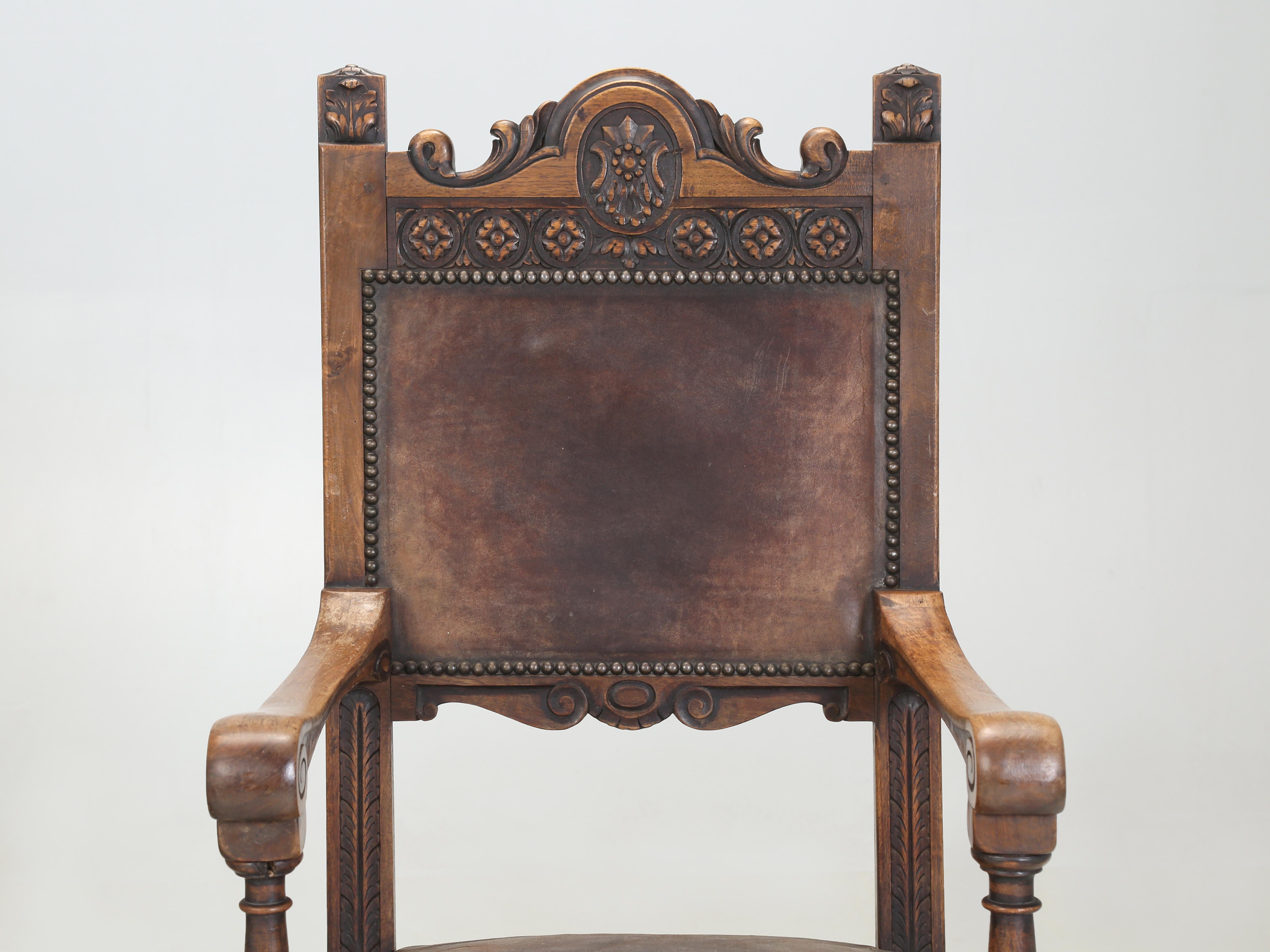 Spanish Colonial Antique Pair Spanish Walnut Arm Chairs Completely Unrestored Original Leather