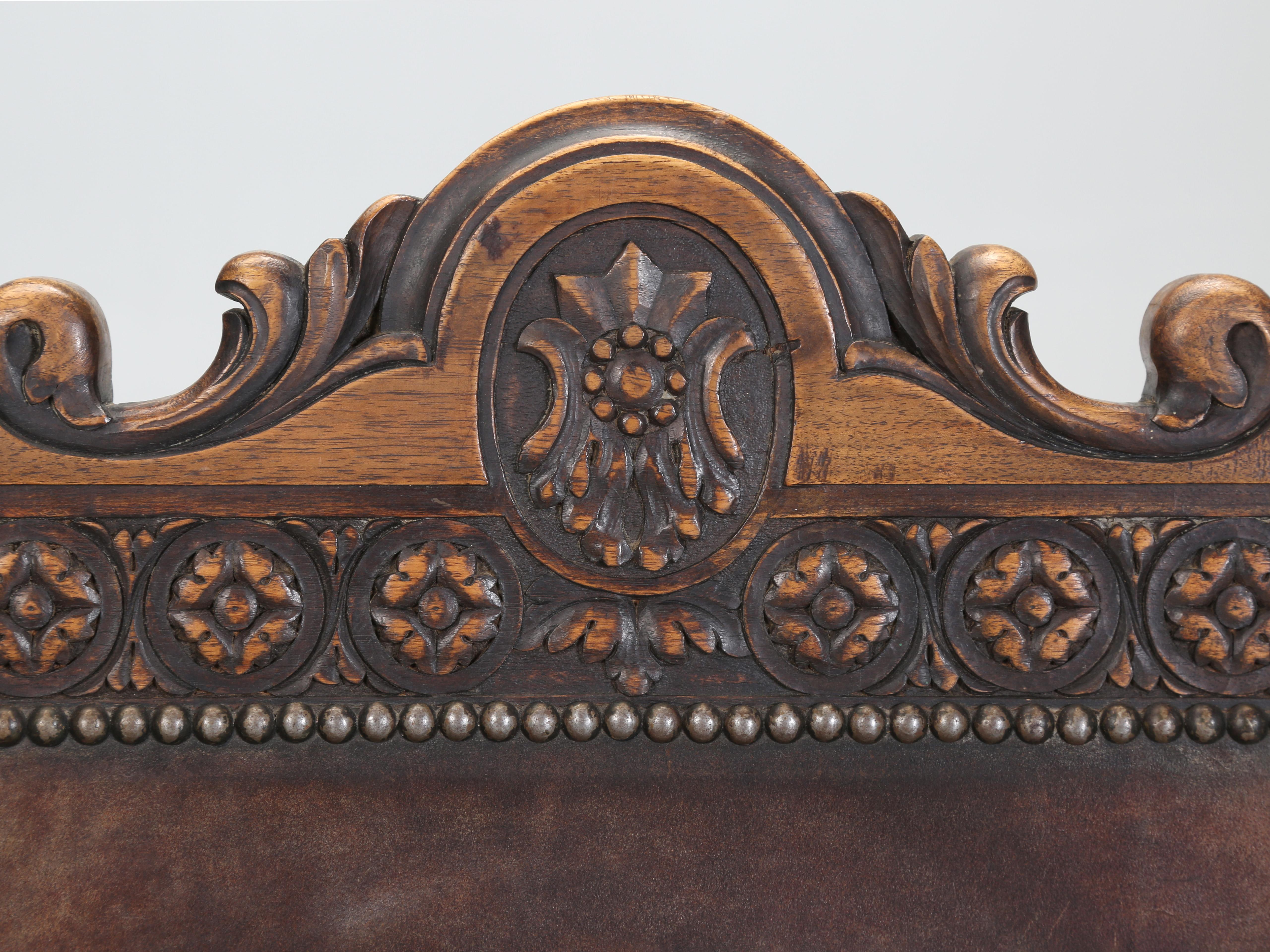 Hand-Carved Antique Pair Spanish Walnut Arm Chairs Completely Unrestored Original Leather