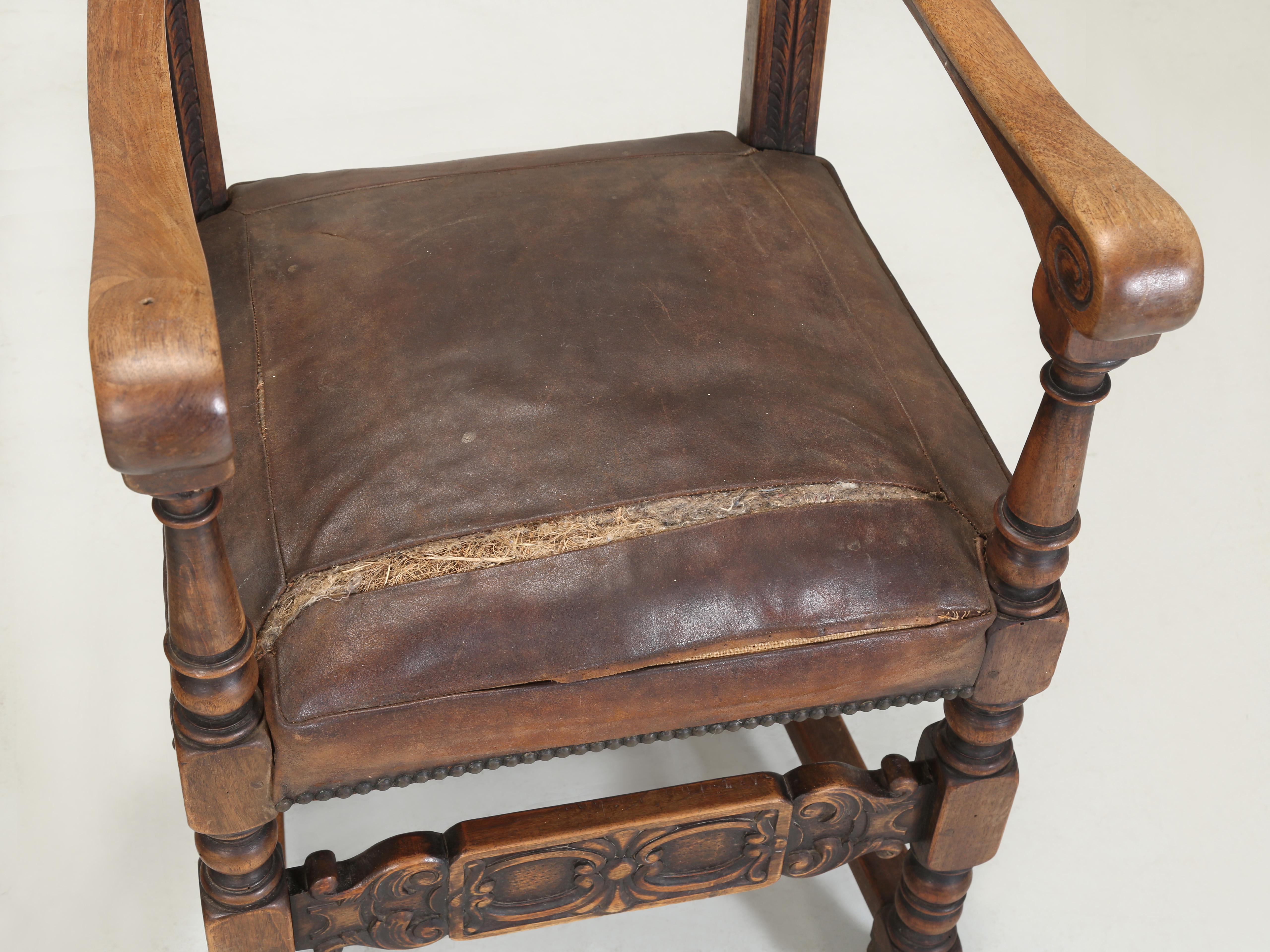 Early 20th Century Antique Pair Spanish Walnut Arm Chairs Completely Unrestored Original Leather