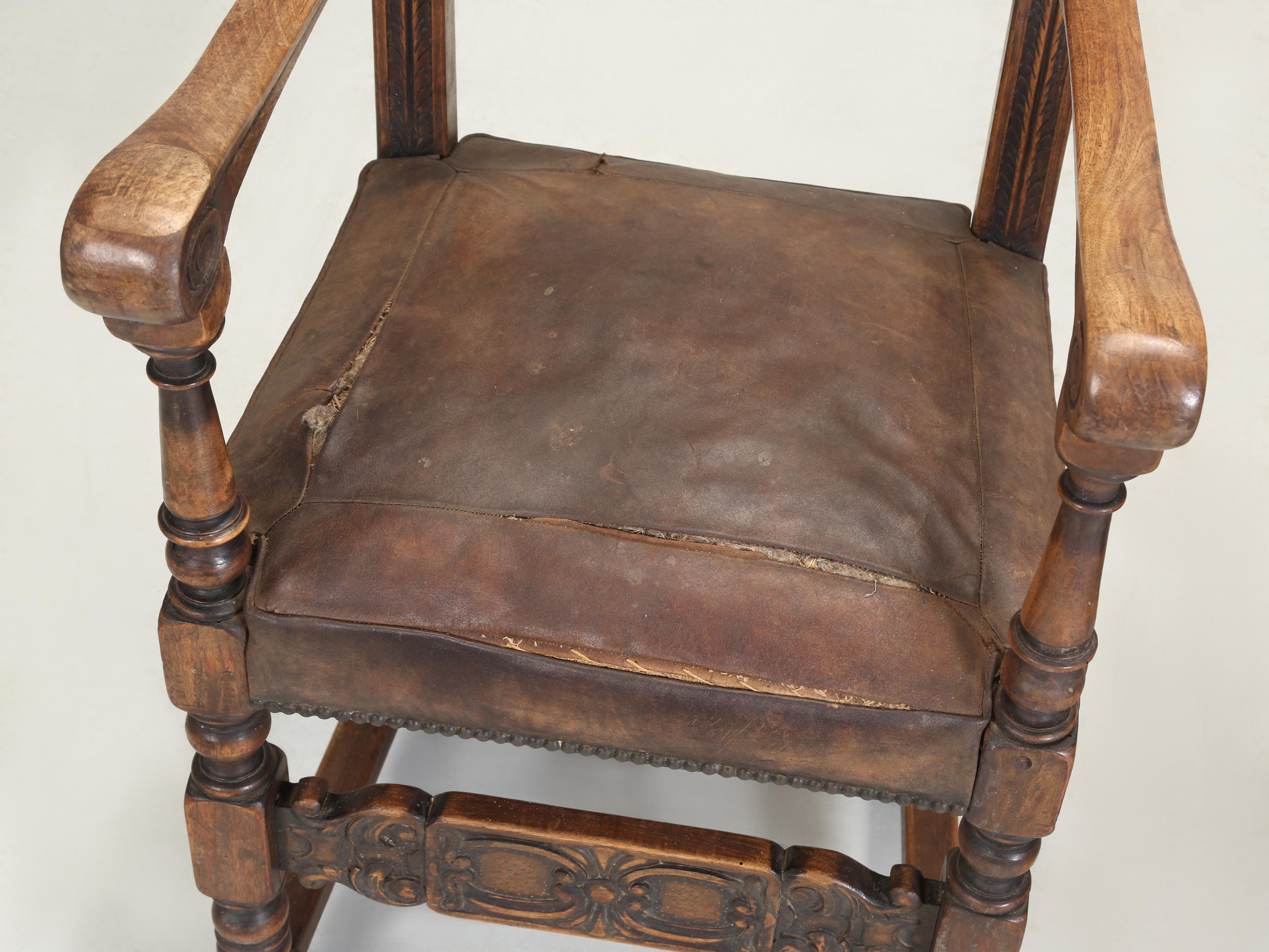 Antique Pair Spanish Walnut Arm Chairs Completely Unrestored Original Leather 1