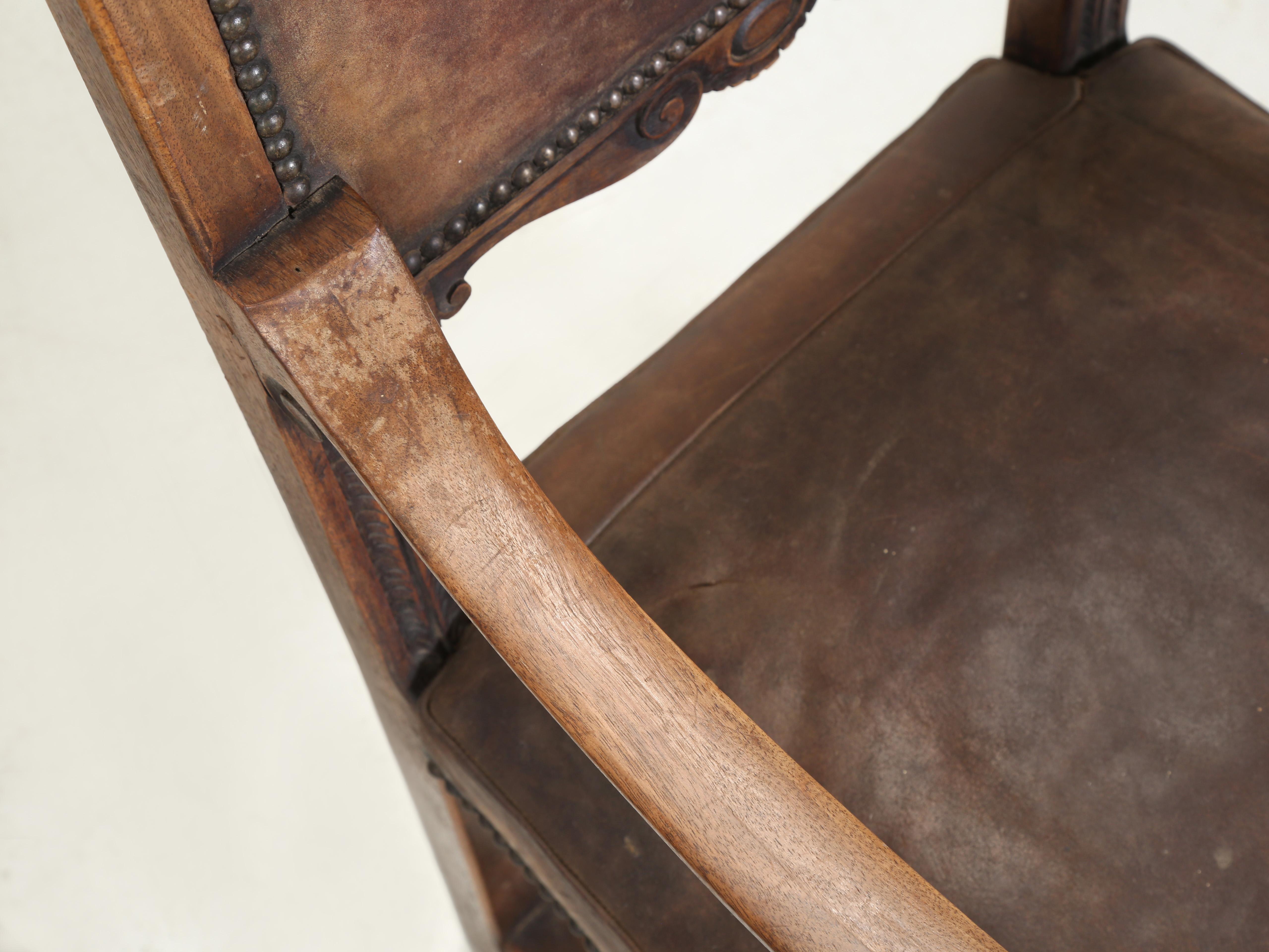 Antique Pair Spanish Walnut Arm Chairs Completely Unrestored Original Leather 2