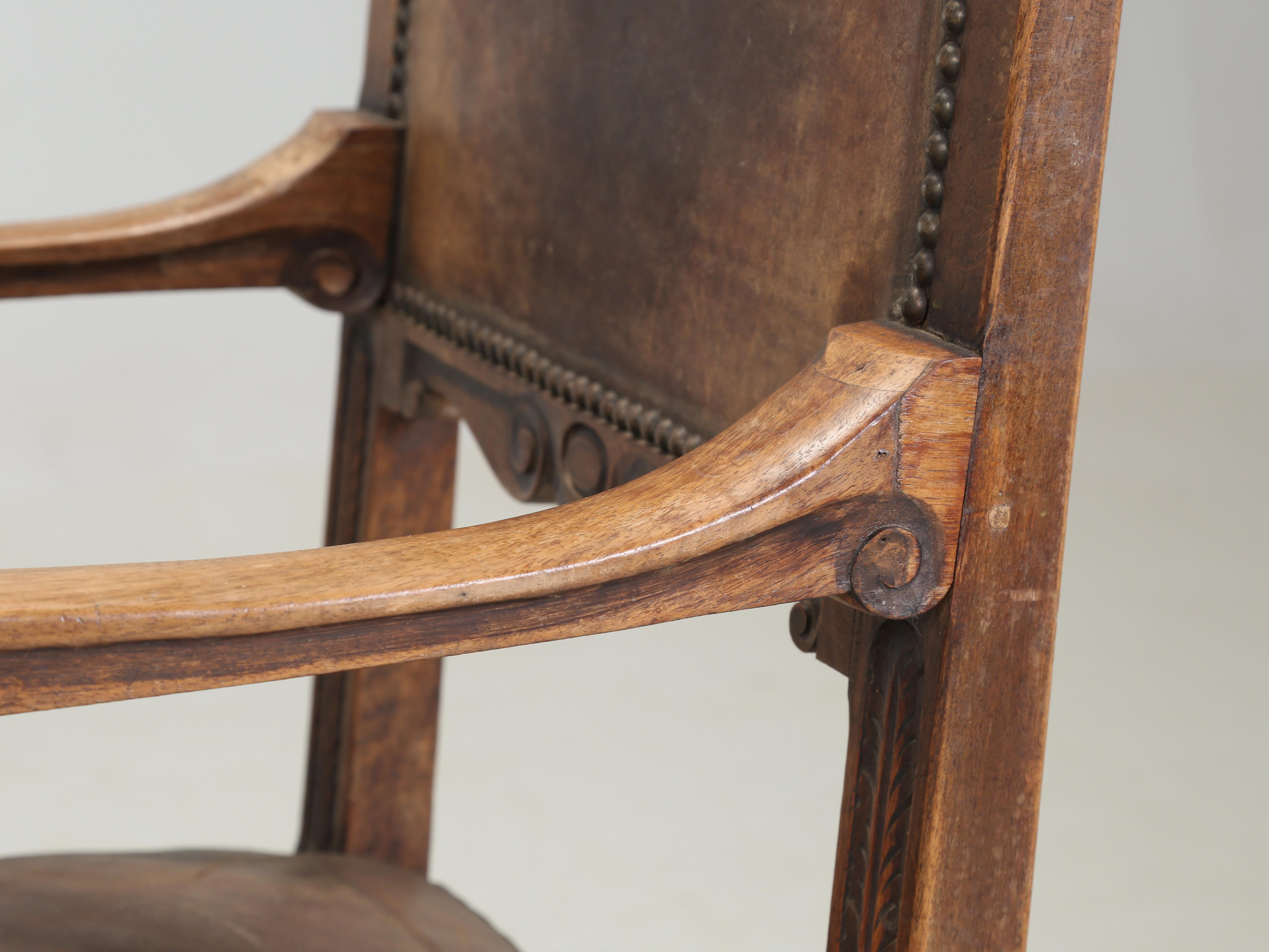 Antique Pair Spanish Walnut Arm Chairs Completely Unrestored Original Leather 3