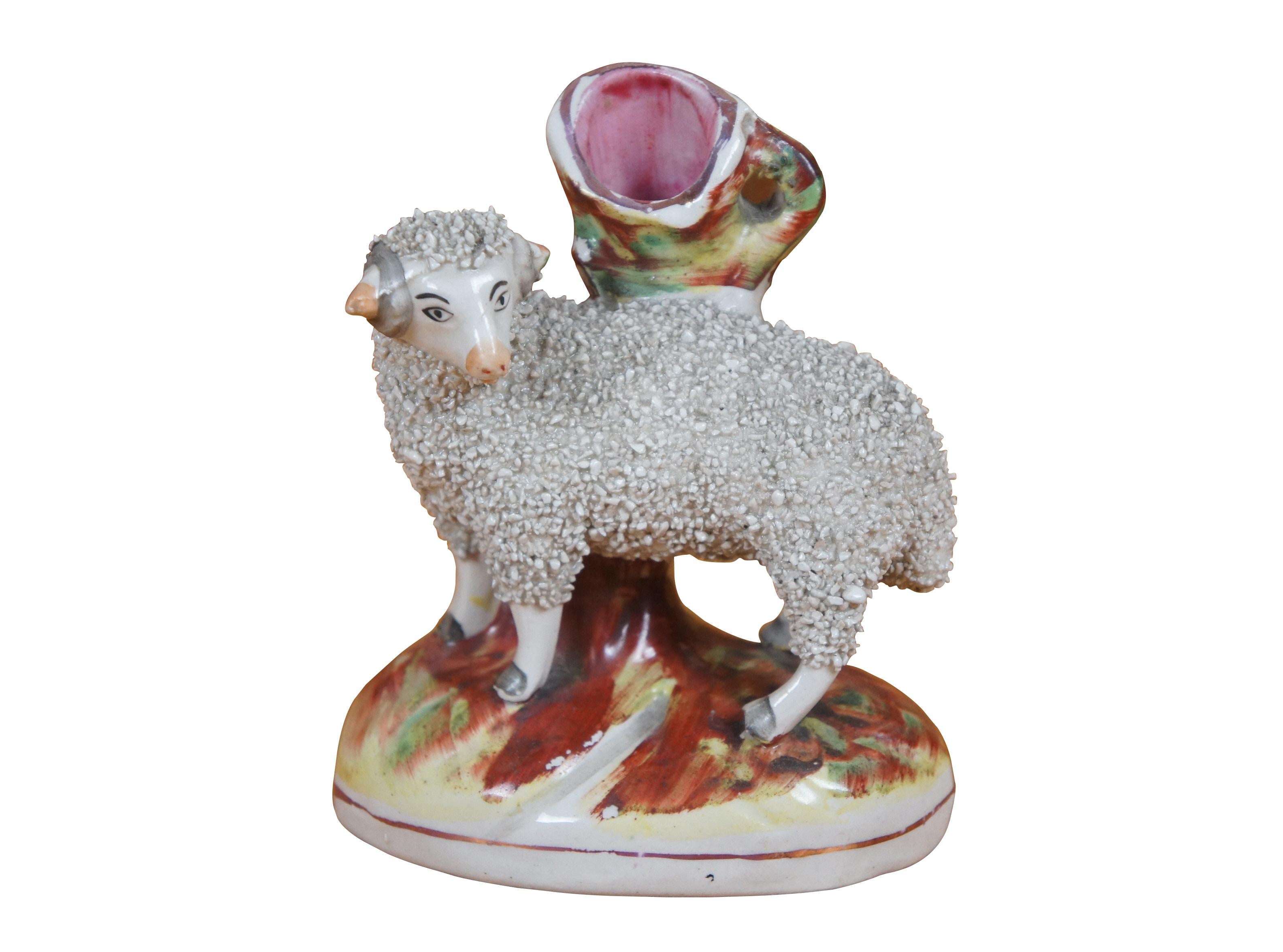 Victorian Antique Pair Staffordshire Porcelain Confetti Sheep Ram Ewe Bud Spill Vases 5