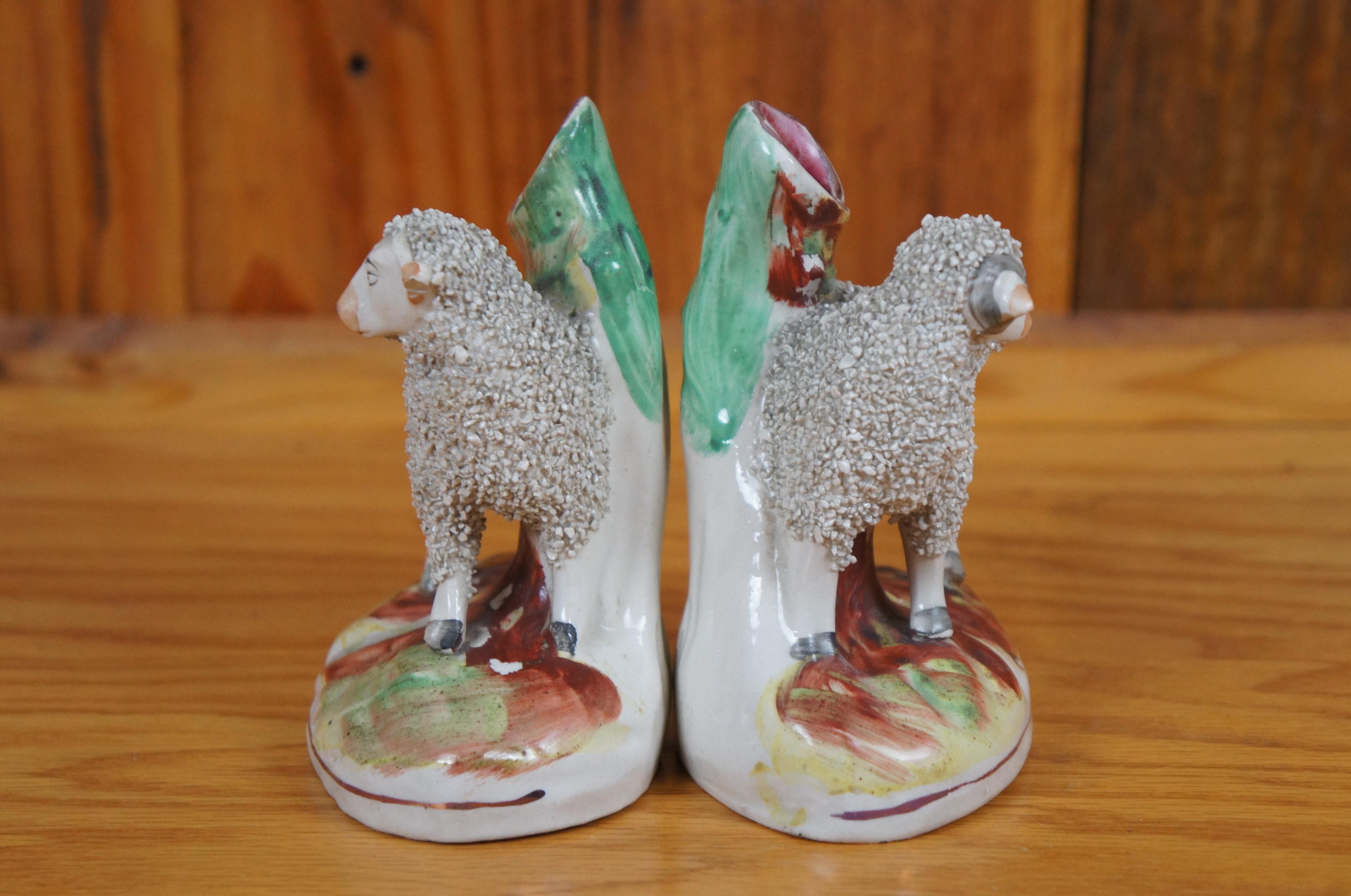 Antique Pair Staffordshire Porcelain Confetti Sheep Ram Ewe Bud Spill Vases 5