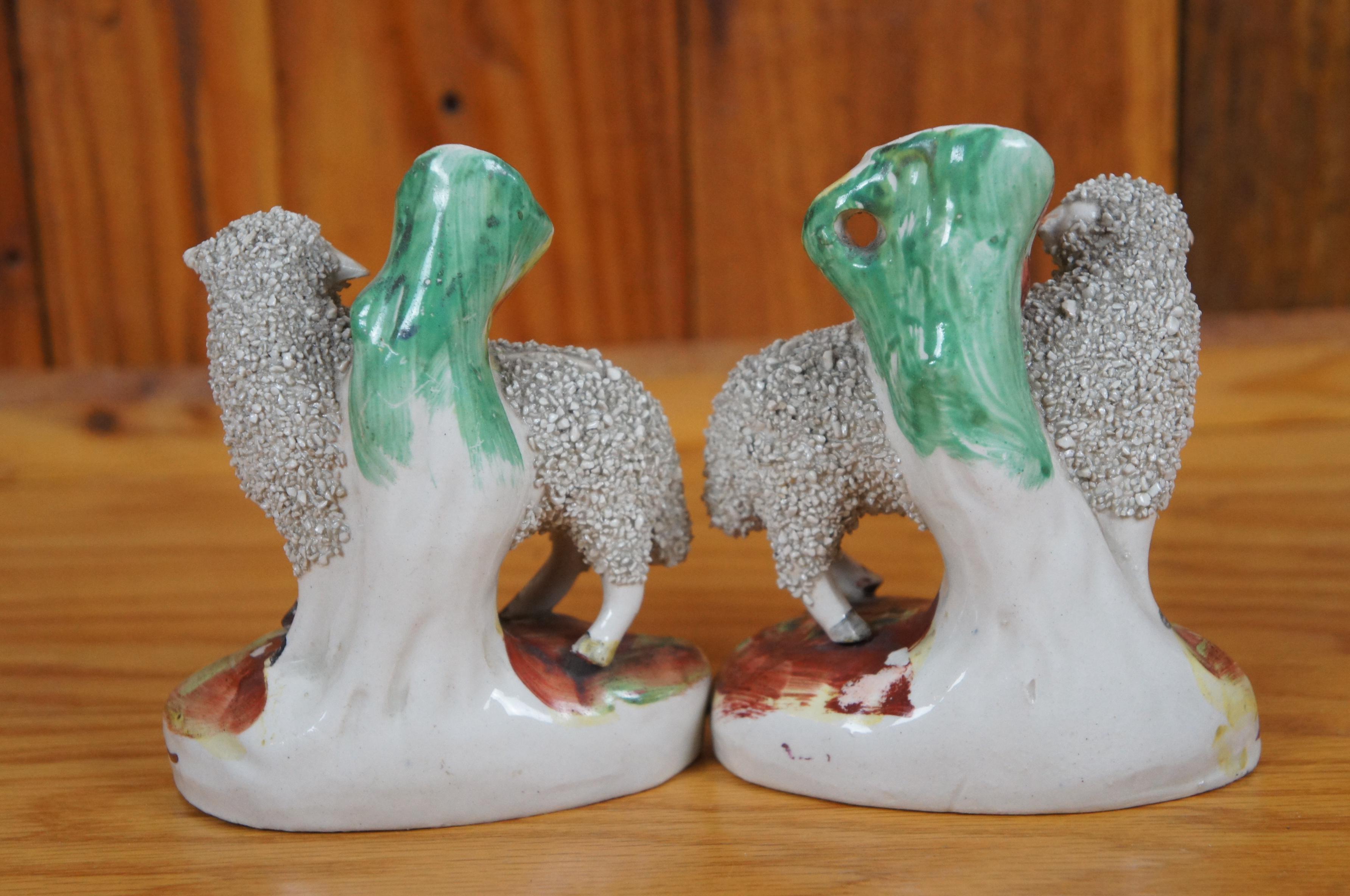 19th Century Antique Pair Staffordshire Porcelain Confetti Sheep Ram Ewe Bud Spill Vases 5