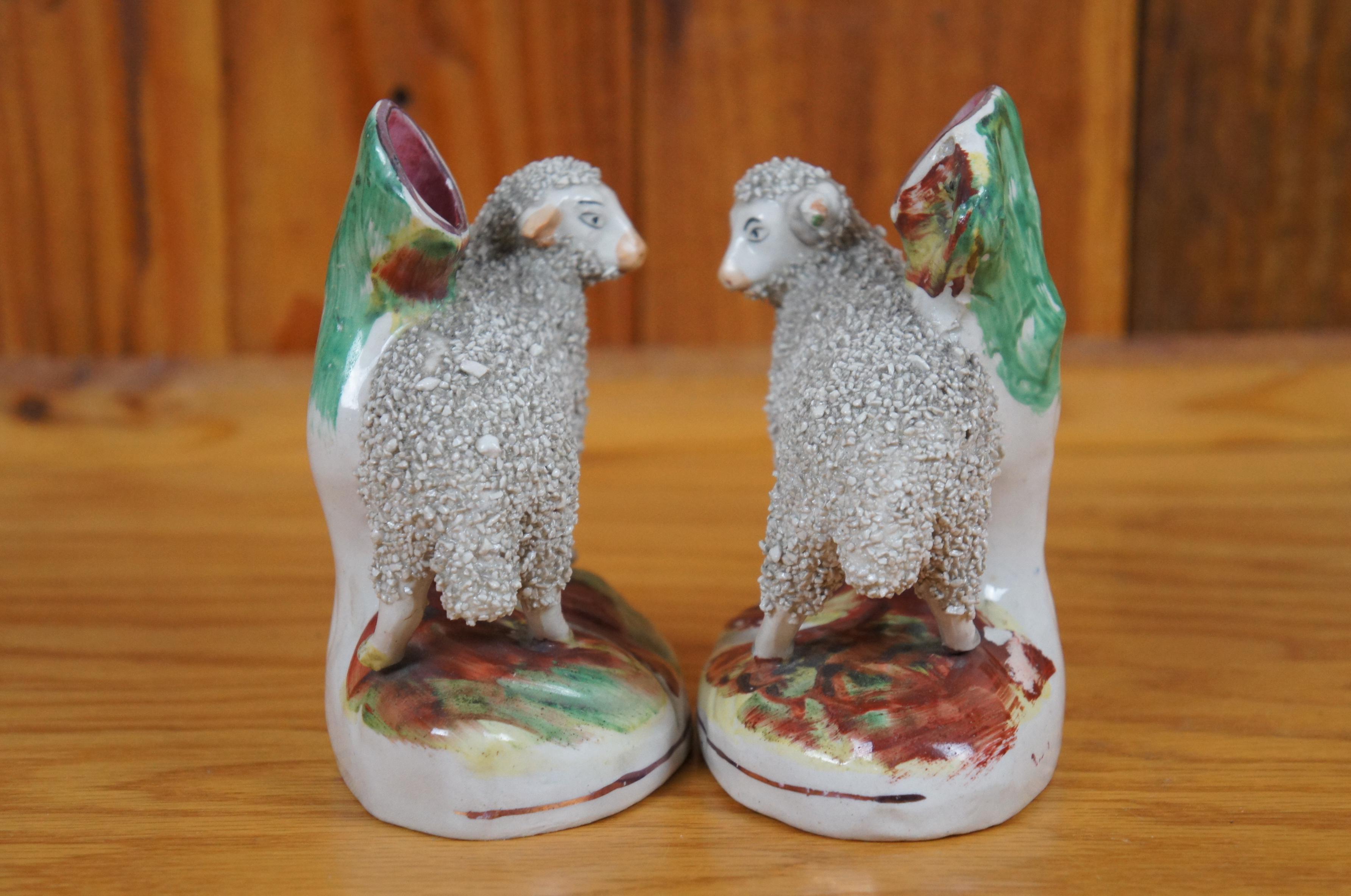 Antique Pair Staffordshire Porcelain Confetti Sheep Ram Ewe Bud Spill Vases 5