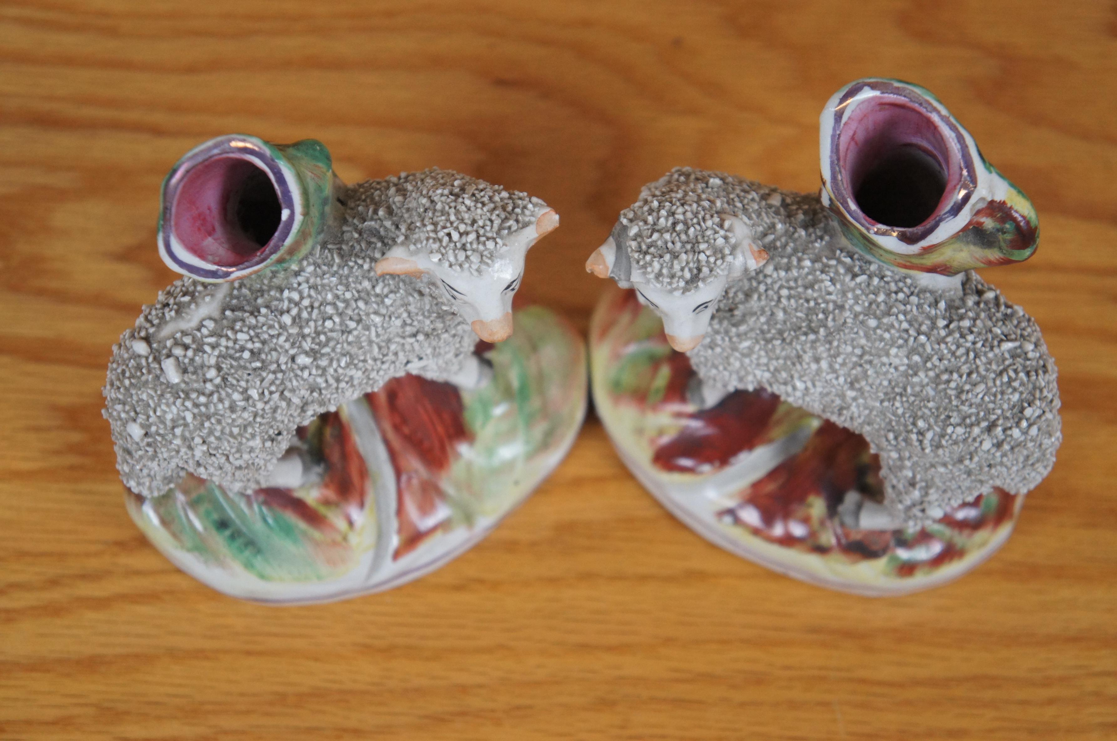 Antique Pair Staffordshire Porcelain Confetti Sheep Ram Ewe Bud Spill Vases 5
