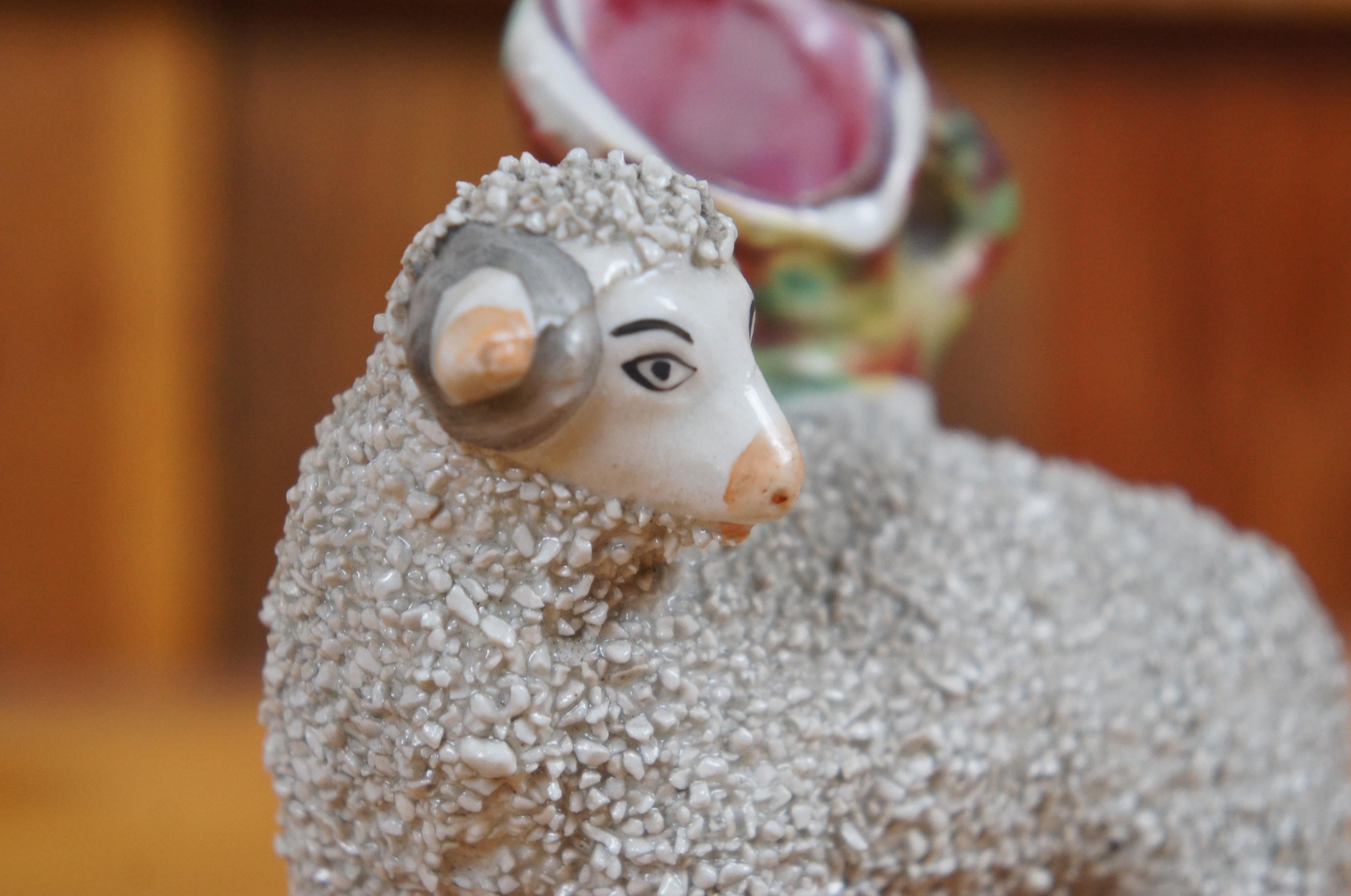Antique Pair Staffordshire Porcelain Confetti Sheep Ram Ewe Bud Spill Vases 5