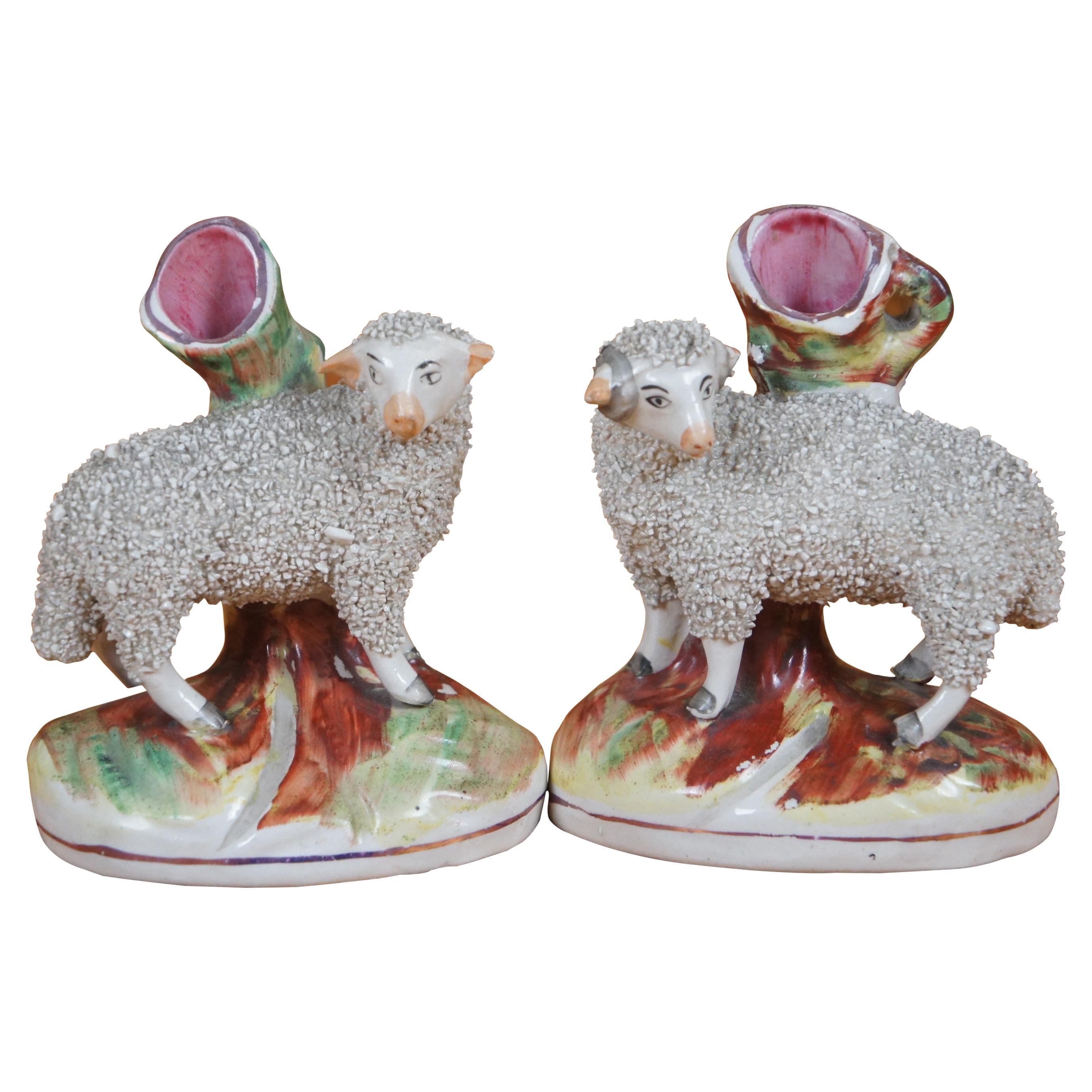 Antique Pair Staffordshire Porcelain Confetti Sheep Ram Ewe Bud Spill Vases 5"