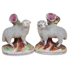 Antique Pair Staffordshire Porcelain Confetti Sheep Ram Ewe Bud Spill Vases 5"