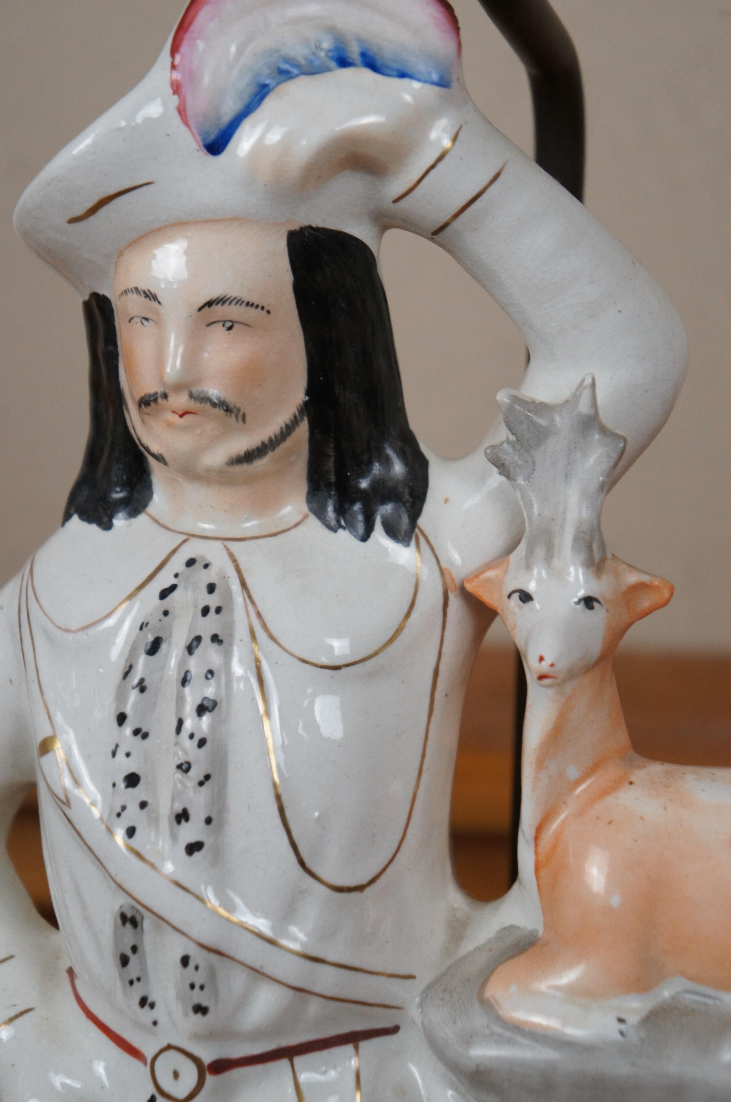 Bois de feuillus Ancienne paire de lampes de table Staffordshire Scottish Highlander Animal de 28 pouces en vente