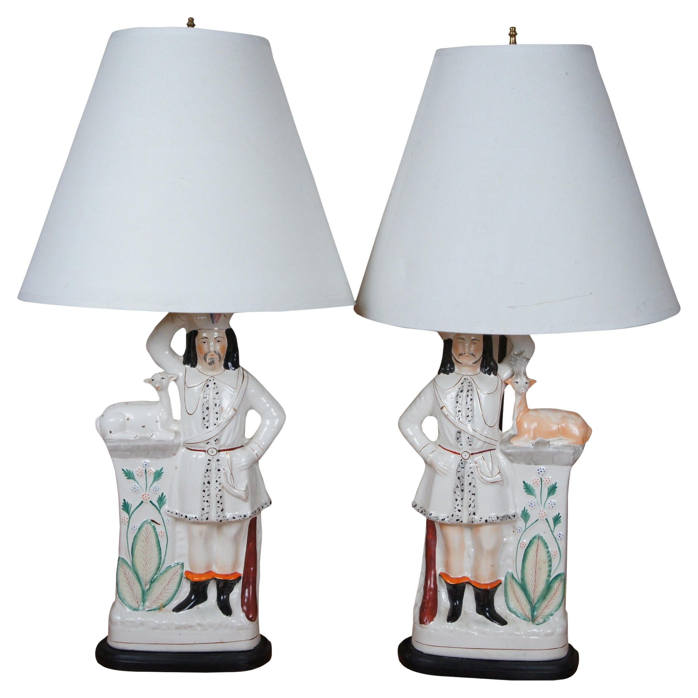 Antique Pair Staffordshire Scottish Highlander Animal Table Lamps 28"