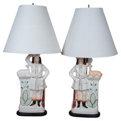 Antique Pair Staffordshire Scottish Highlander Animal Table Lamps 28"