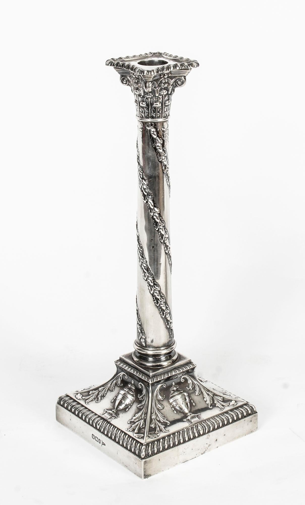 Neoclassical Antique Pair of Sterling Silver Candlesticks Walker and Hall, 1900