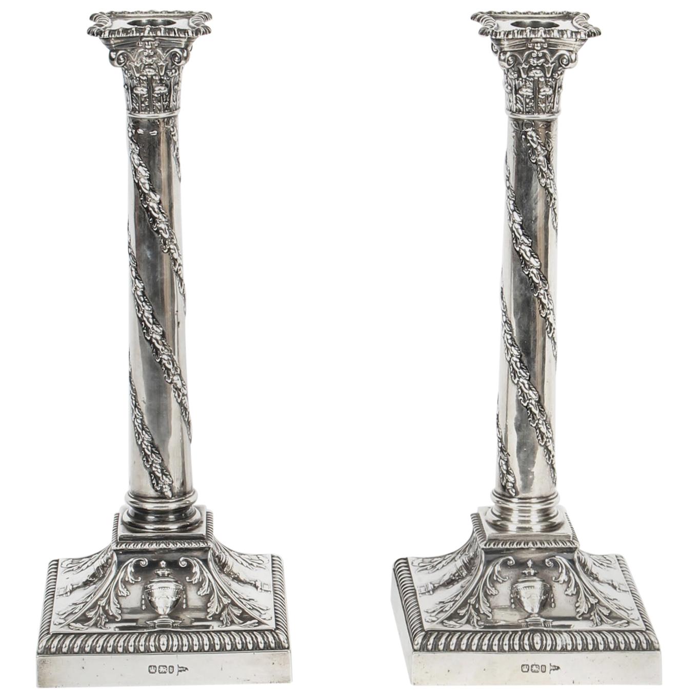 Antique Pair of Sterling Silver Candlesticks Walker and Hall, 1900