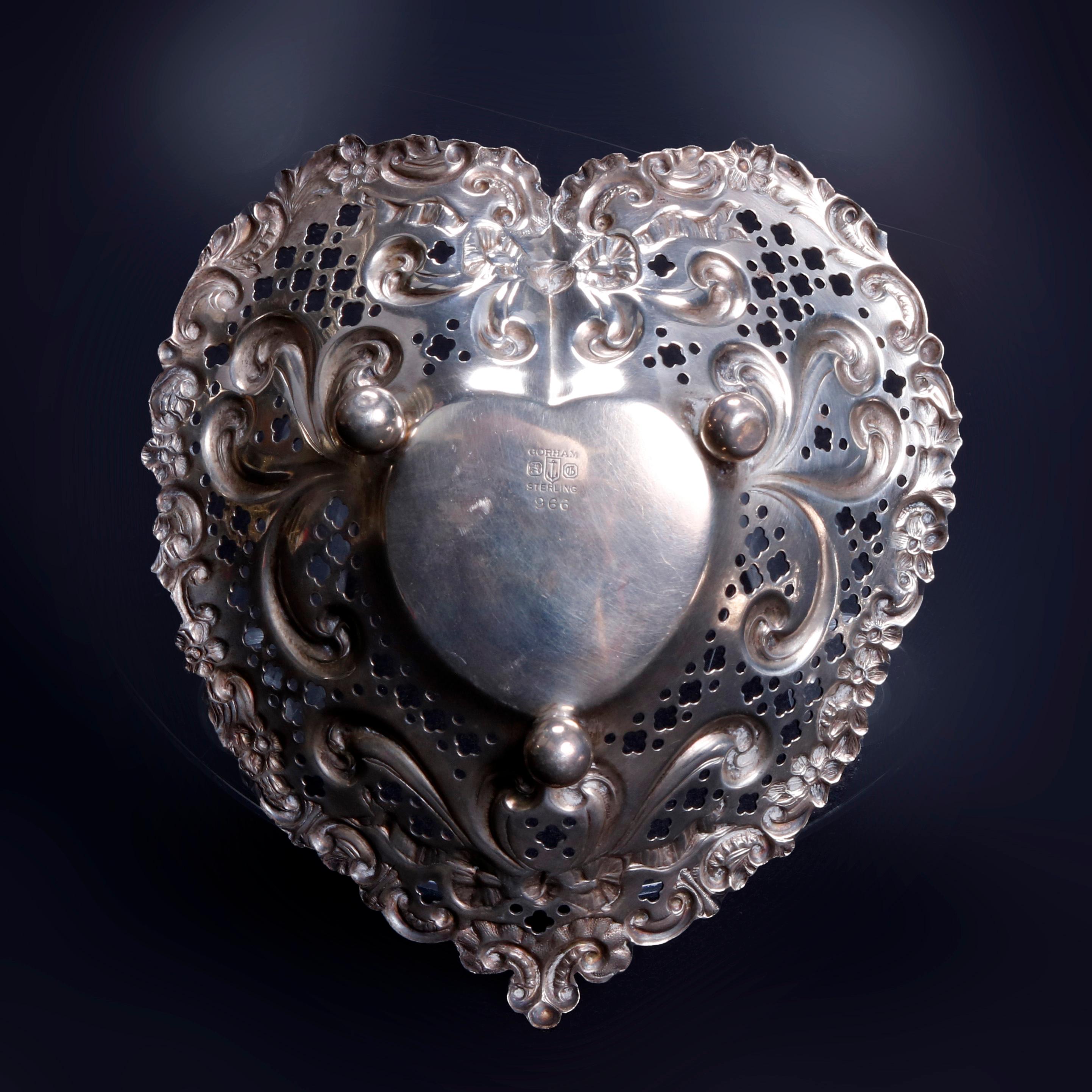 19th Century Antique Pair Sterling Silver Gorham Heart Shaped Reticulated and Footed Dishes