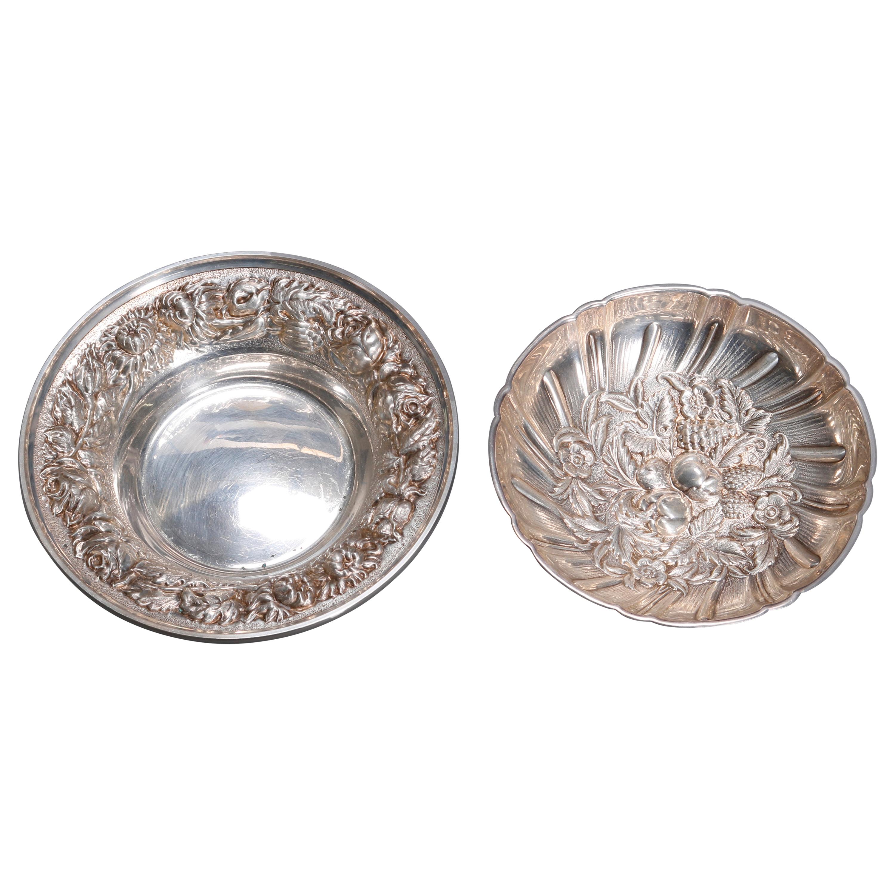 Pair of Sterling Silver Kirk & Stieff Repousse Nut Bowls, circa 1900 6.7 toz