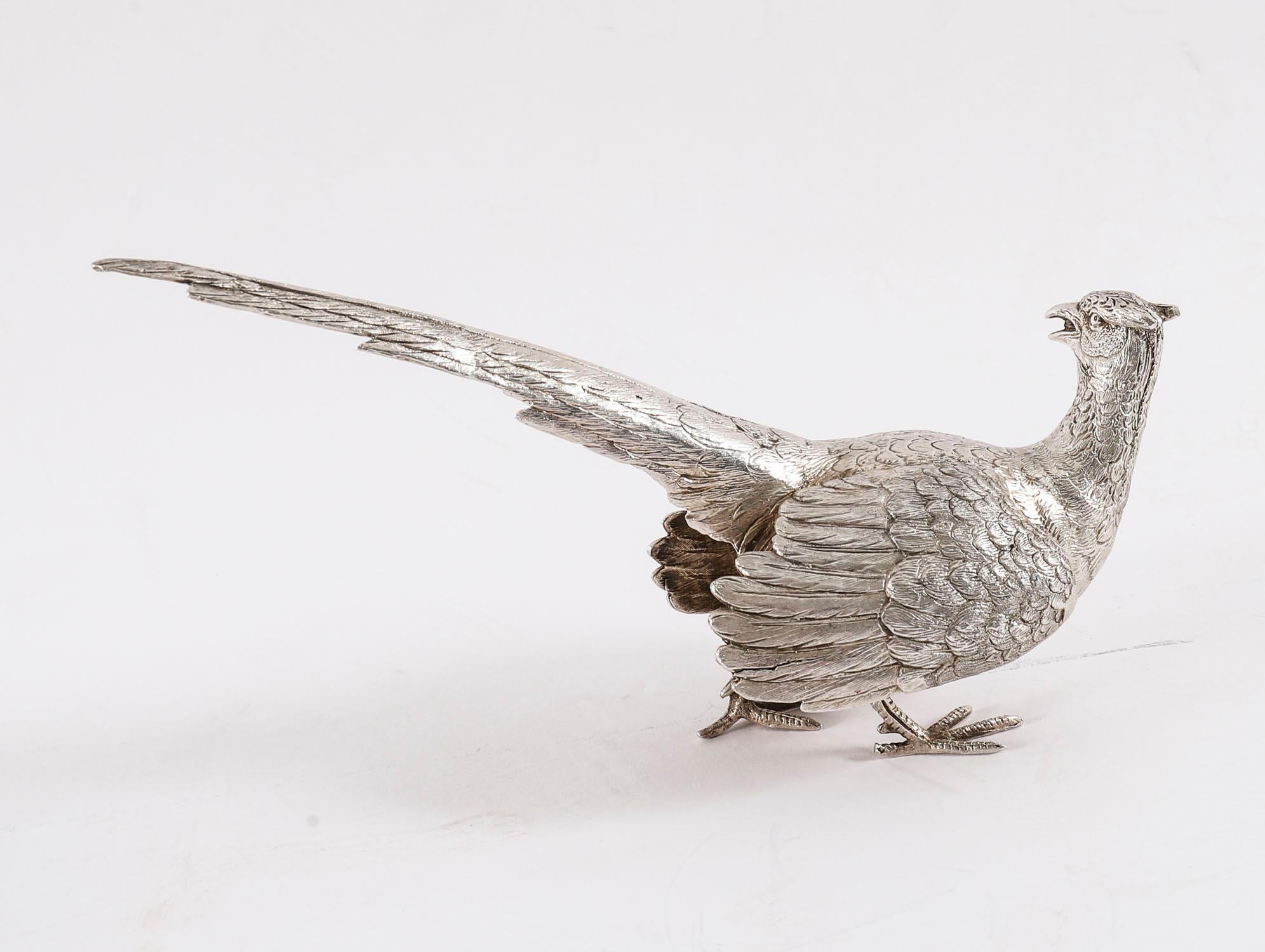 Victorian Antique Pair Sterling Silver Pheasants Edward Barnard & Sons London 19th Century For Sale