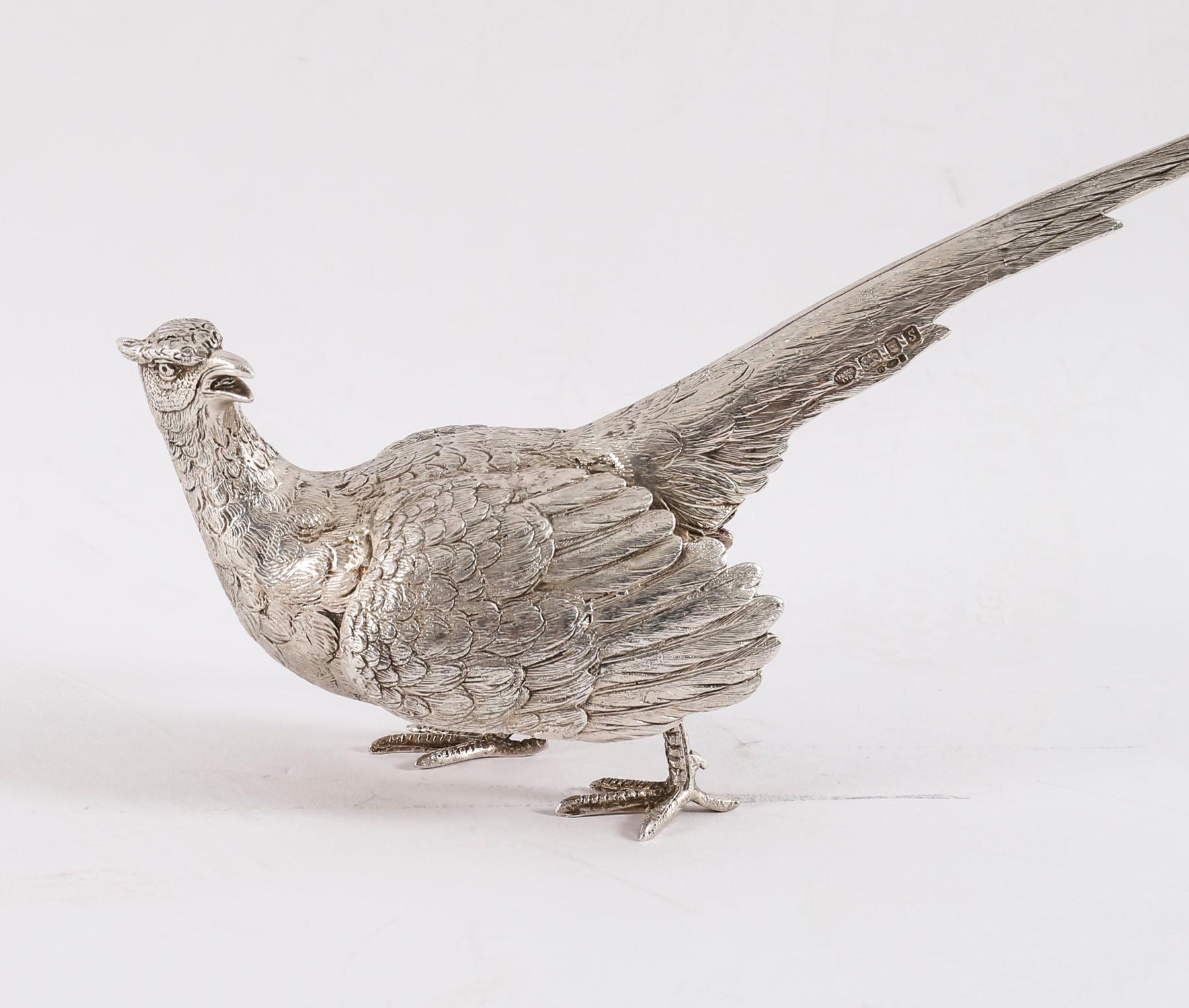 English Antique Pair Sterling Silver Pheasants Edward Barnard & Sons London 19th Century For Sale