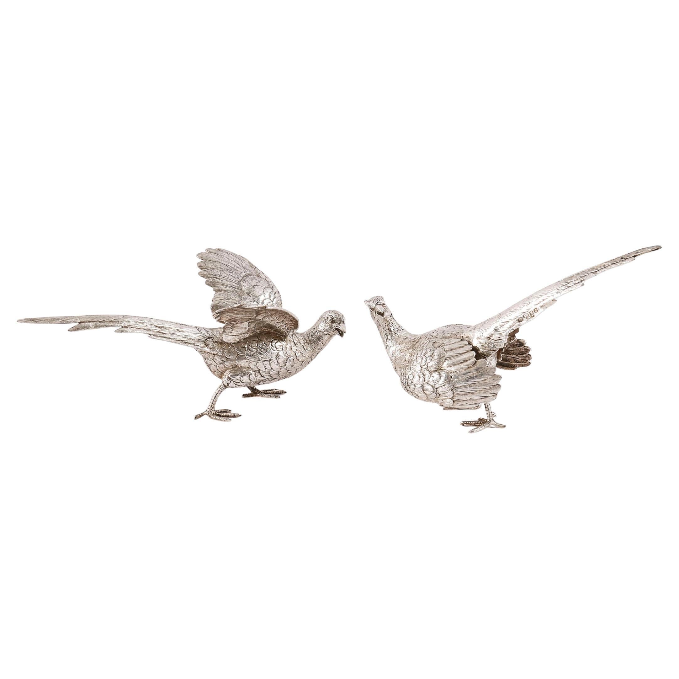 Antique Pair Sterling Silver Pheasants Edward Barnard & Sons London 19th Century For Sale