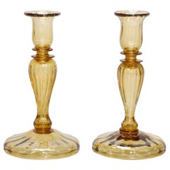 Antique Pair Steuben Amber Glass Balustrade Candlesticks, 20th Century