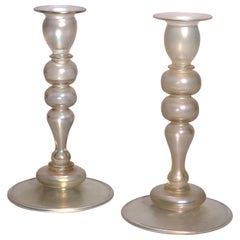 Antique Pair Steuben Verre De Soie Glass Balustrade Candlesticks, 20th Century