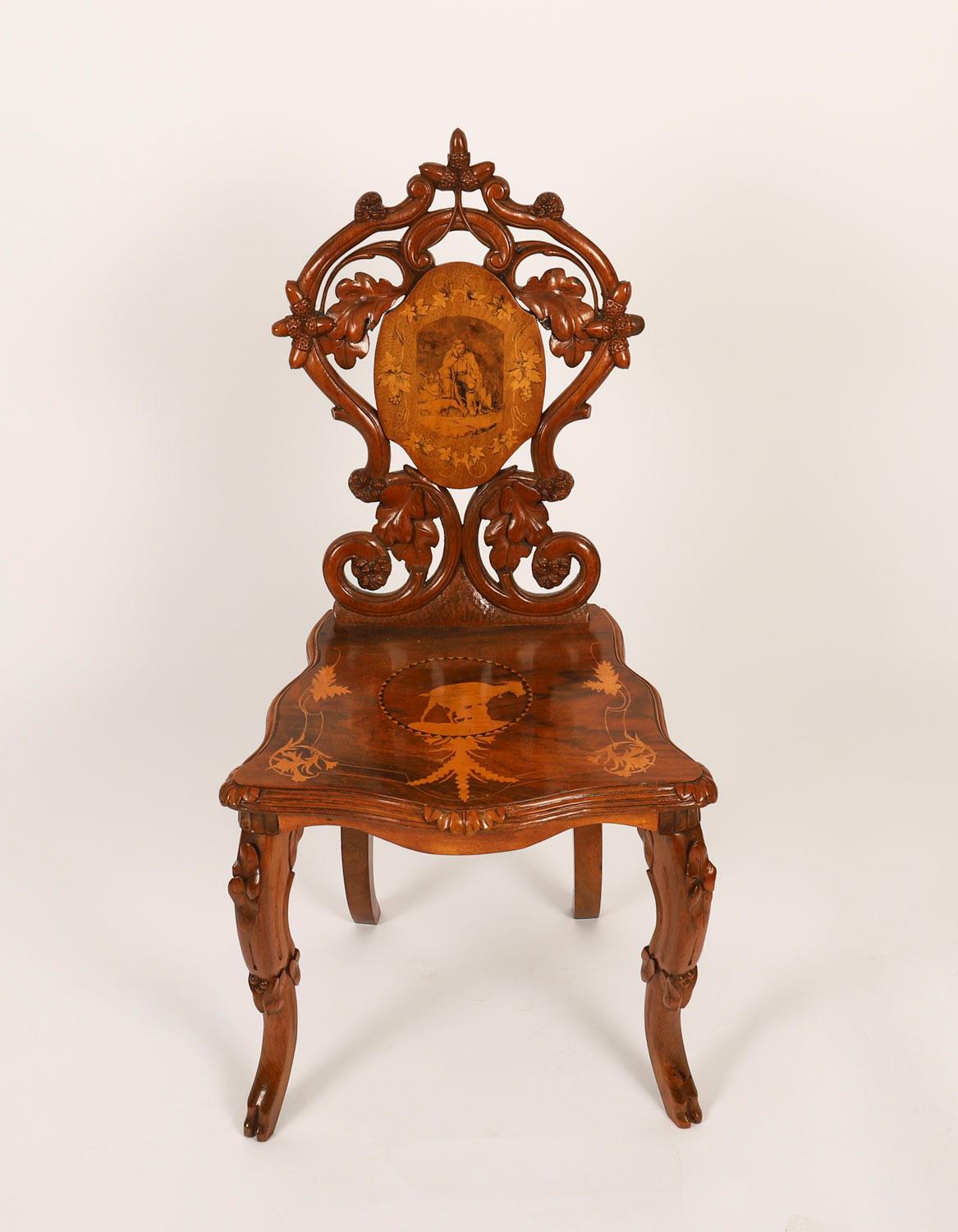 Antique Pair Swiss Walnut Marquetry inlaid Hall Chairs 19th Century en venta 5