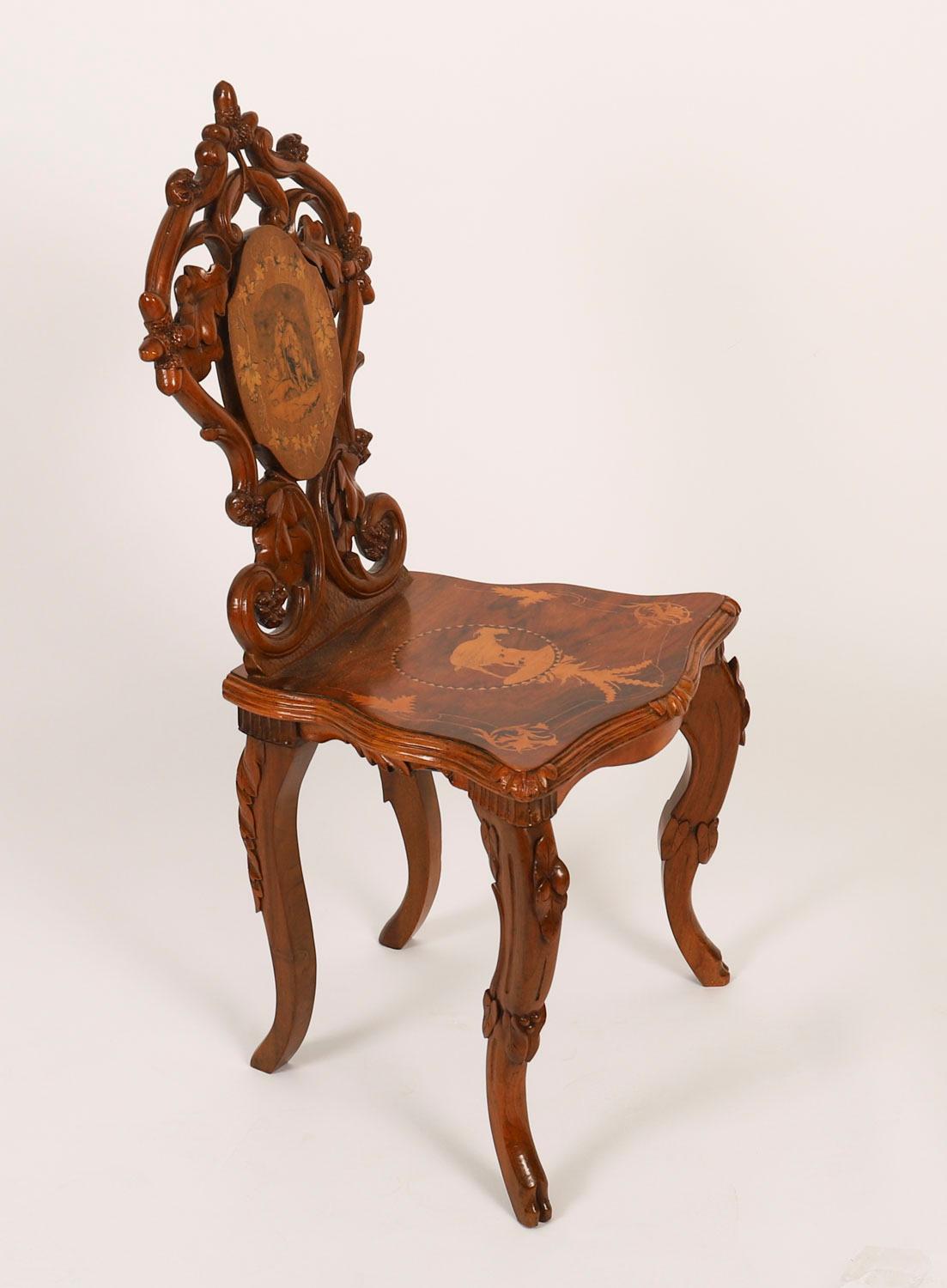 Antique Pair Swiss Walnut Marquetry inlaid Hall Chairs 19th Century en venta 6