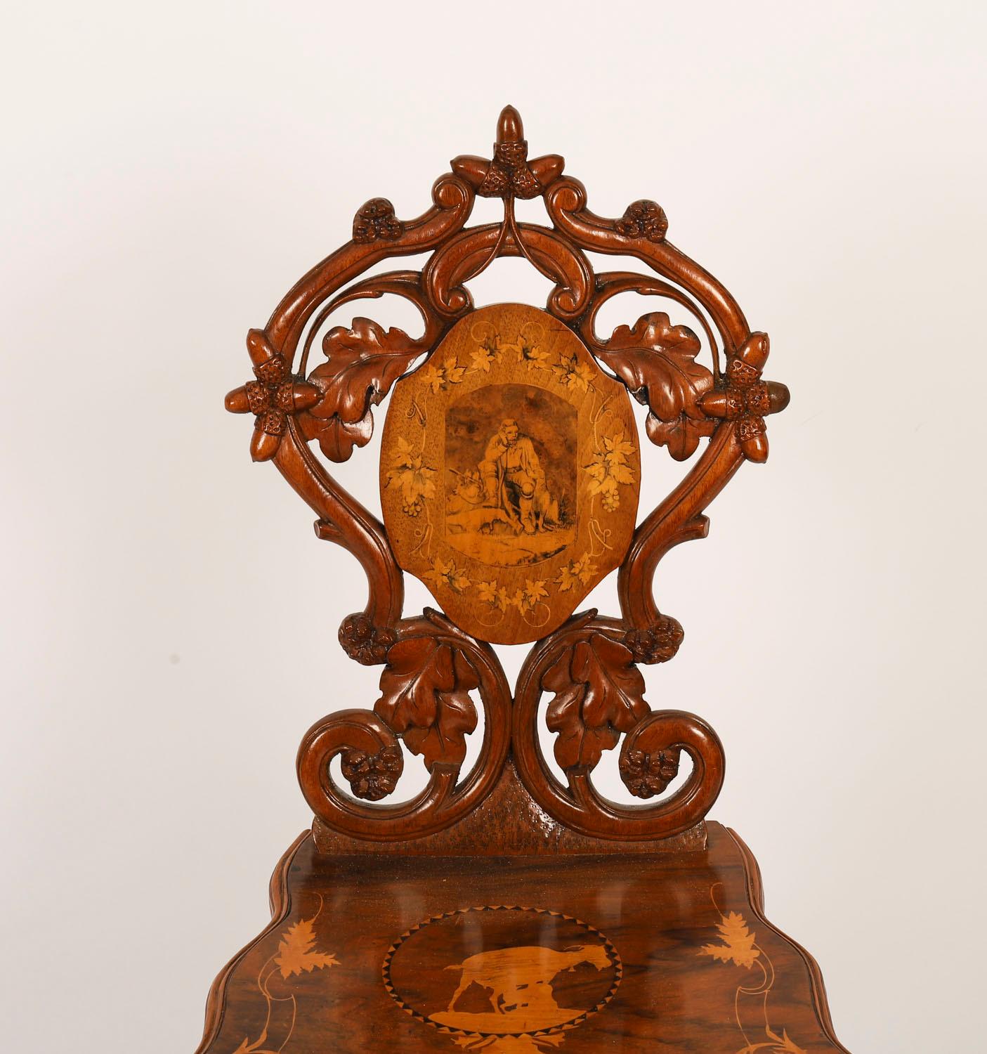 Antique Pair Swiss Walnut Marquetry inlaid Hall Chairs 19th Century en venta 10