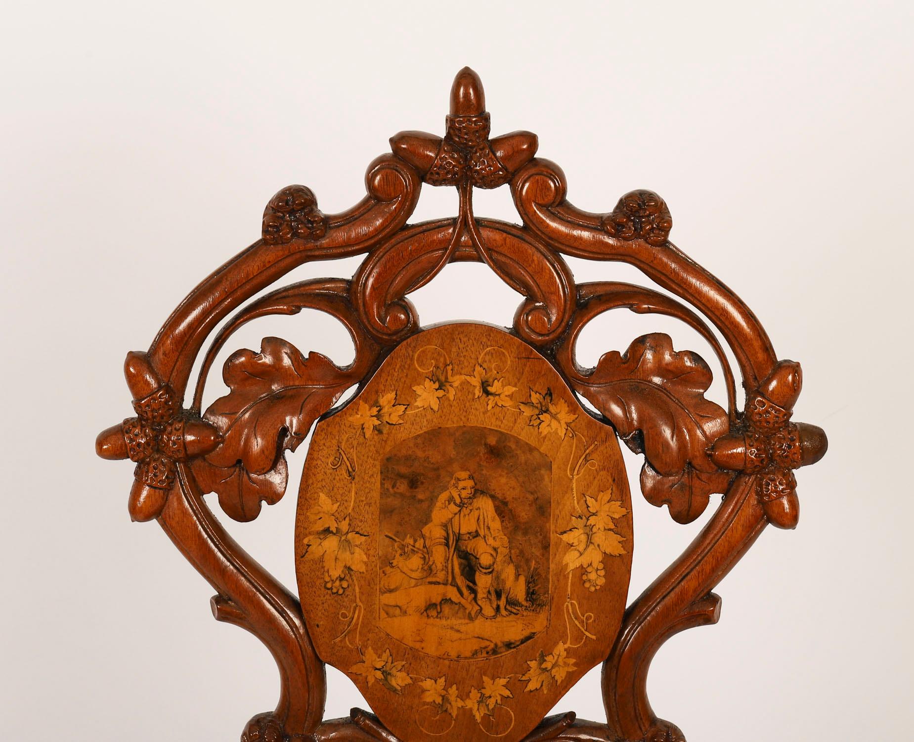 Antique Pair Swiss Walnut Marquetry inlaid Hall Chairs 19th Century en venta 11