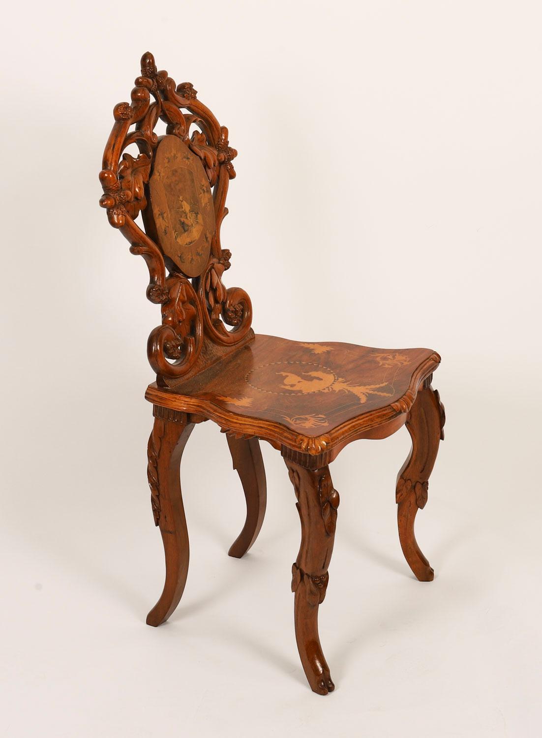 Antique Pair Swiss Walnut Marquetry inlaid Hall Chairs 19th Century Suizo en venta