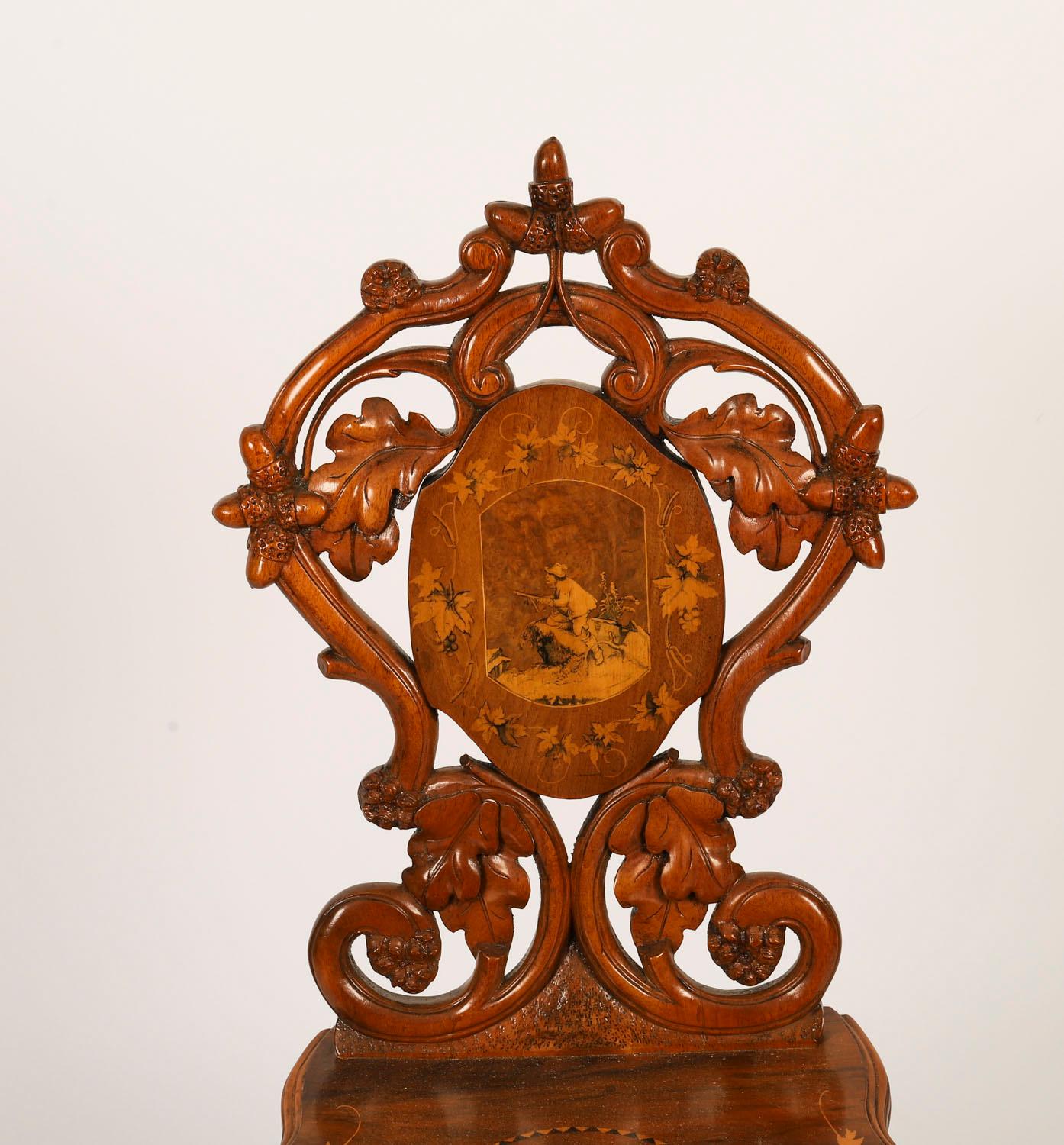 Antique Pair Swiss Walnut Marquetry inlaid Hall Chairs 19th Century Nogal en venta