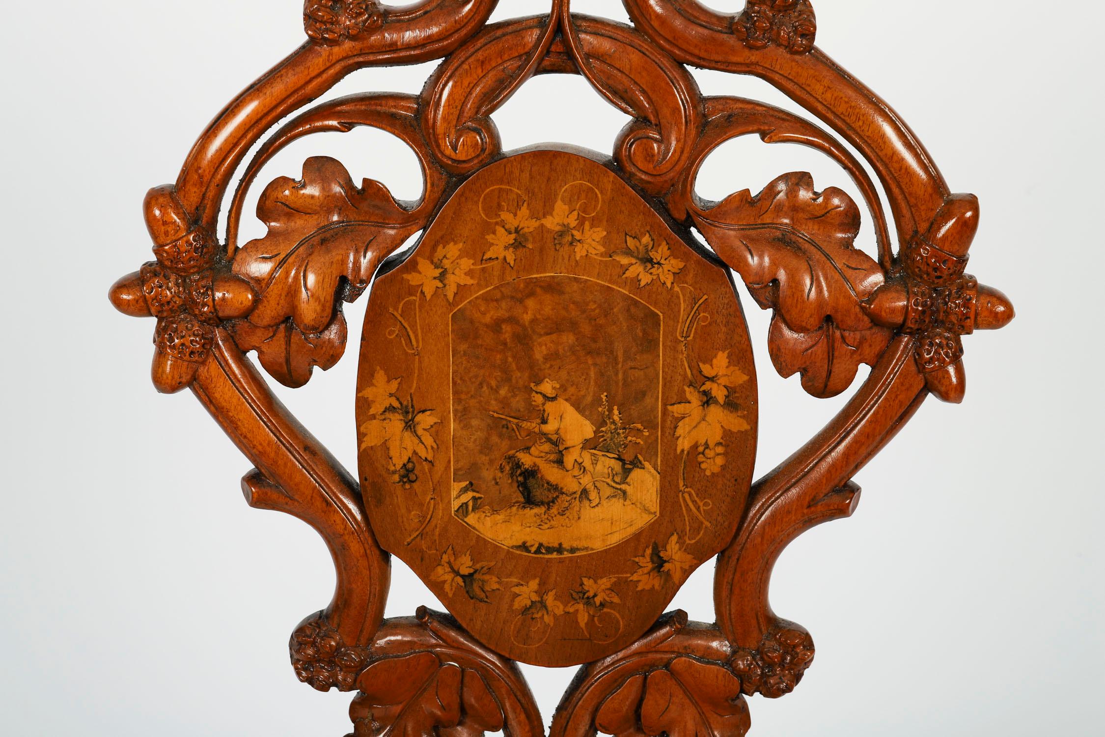 Antique Pair Swiss Walnut Marquetry inlaid Hall Chairs 19th Century en venta 2