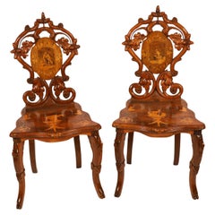 Antique Pair Swiss Walnut Marquetry inlaid Hall Chairs 19th Century