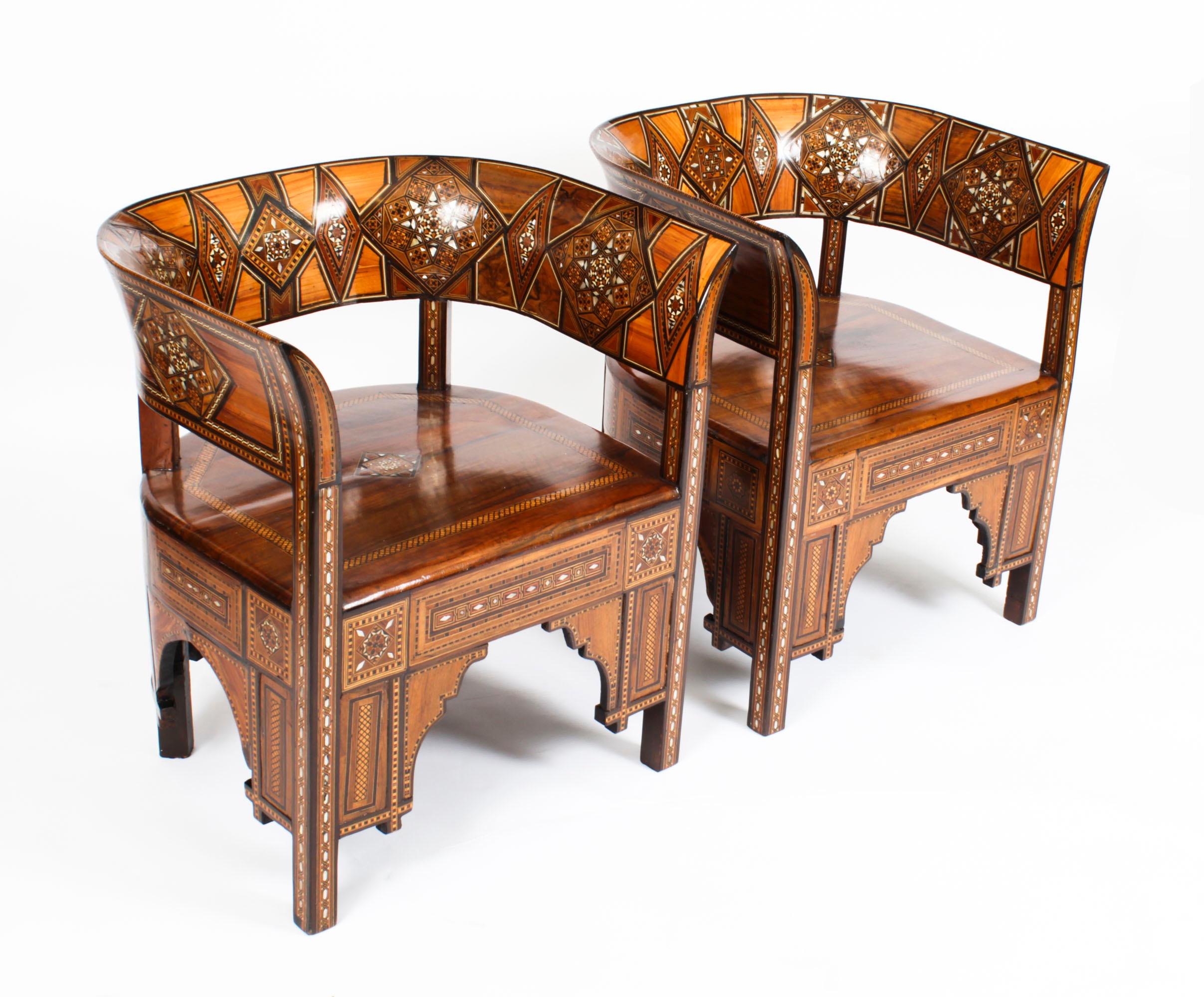 A superb pair of syrian damascus armchairs, circa 1880 in date.
 
The stunning pair of parquetry armchairs have been exquisitely crafted in hardwood with wonderful inlaid decoration comprising, ebony, walnut, and various fruitwoods.
 
They