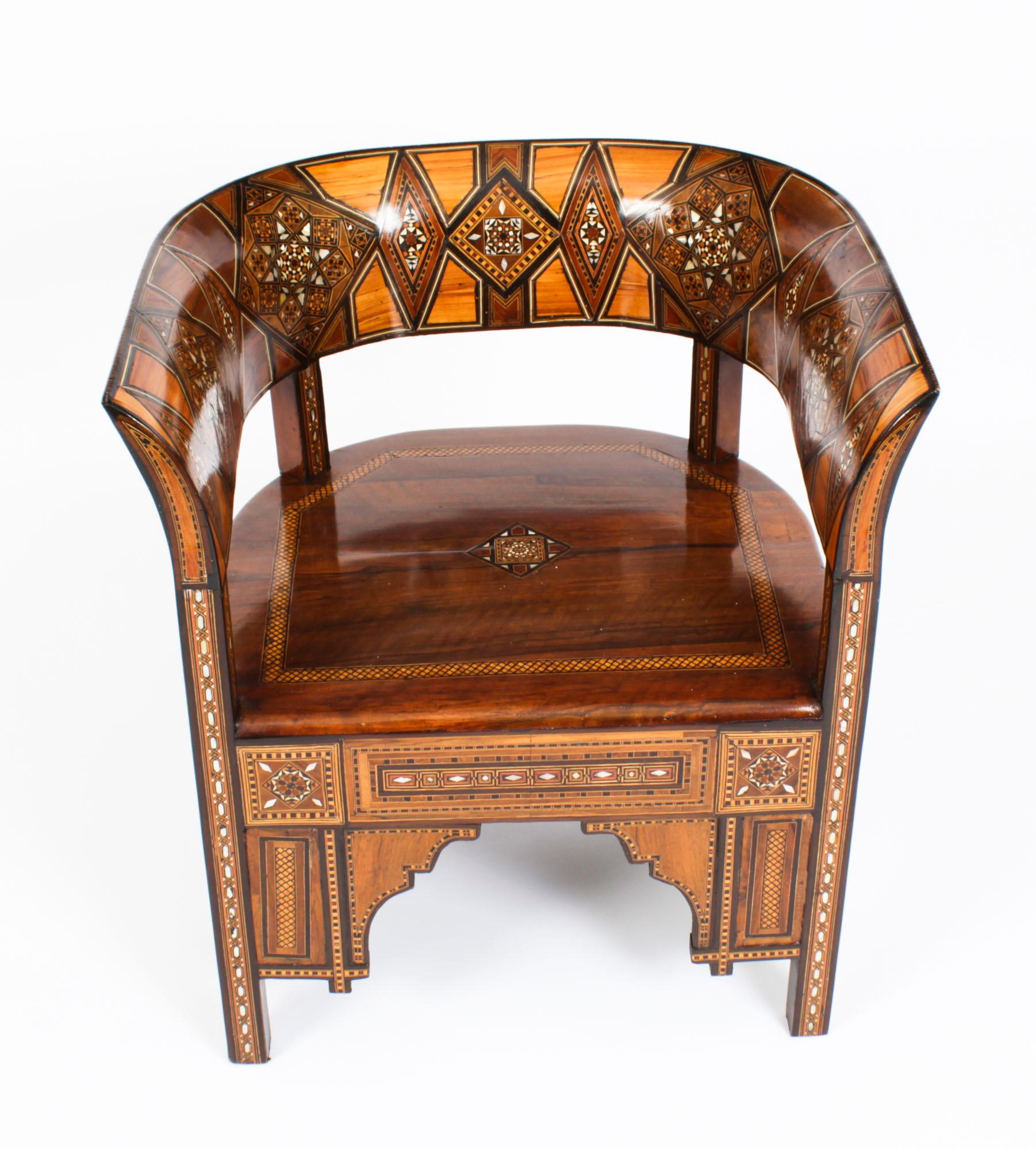 Antique Pair Syrian Parquetry Inlaid Armchairs, 19th Century In Good Condition In London, GB