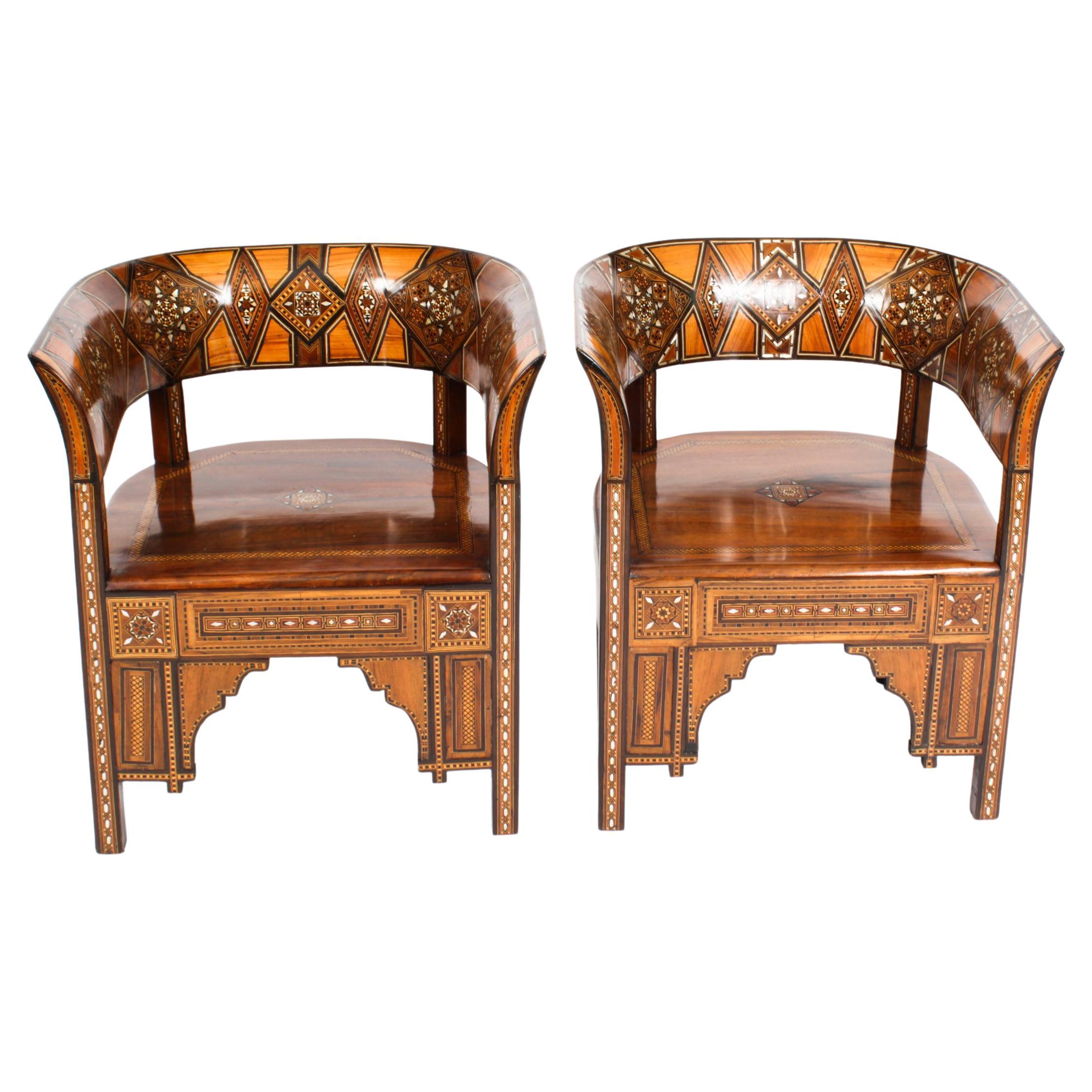 Antique Pair Syrian Parquetry Inlaid Armchairs, 19th Century