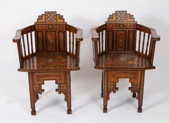 Antique Pair Syrian Parquetry Inlaid Armchairs 19th Century