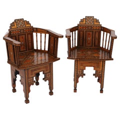 Antique Pair Syrian Parquetry Inlaid Armchairs 19th Century