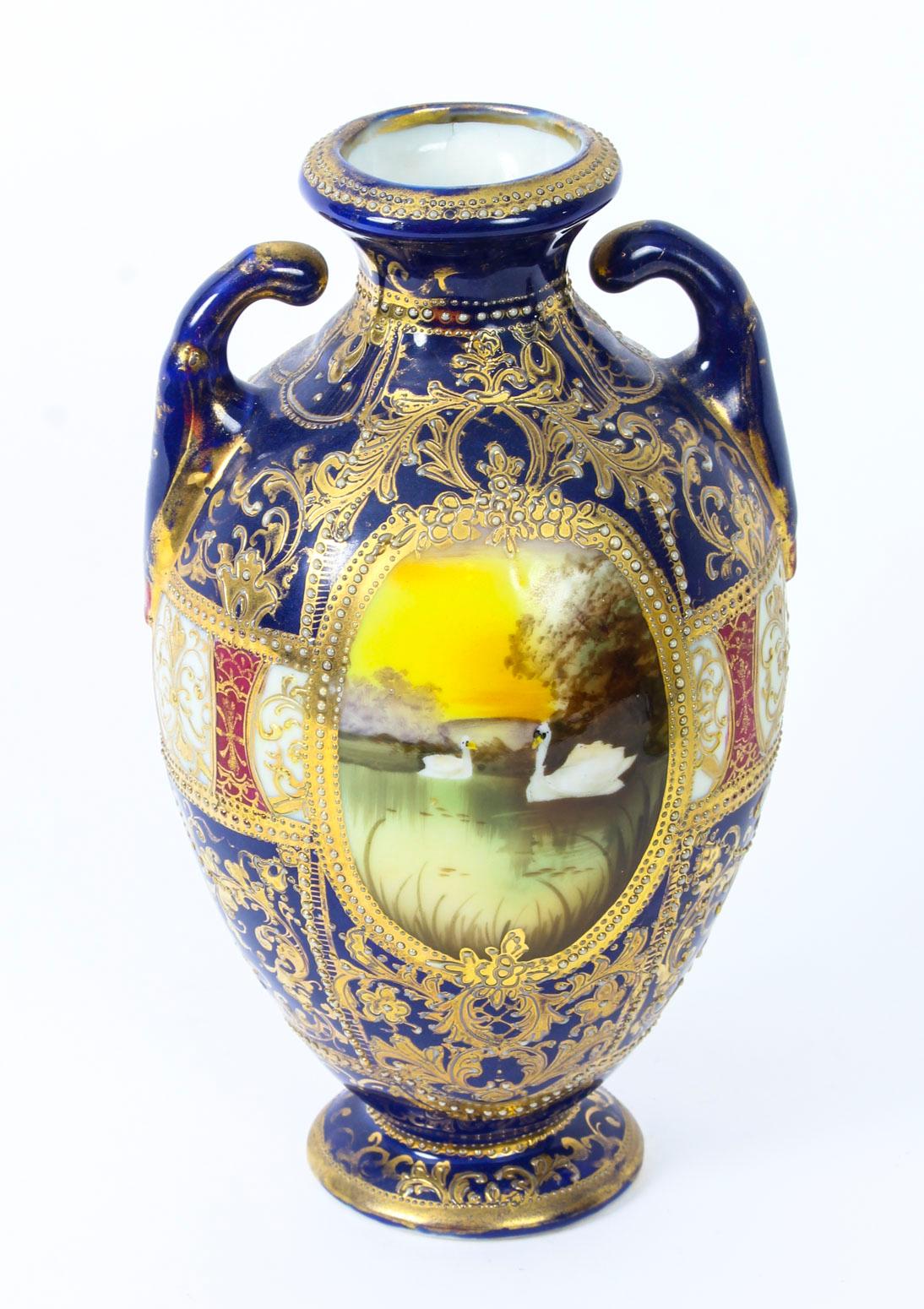 Antique Pair Taisho Period Noritake Hand Painted Porcelain Vases, 1920s 3