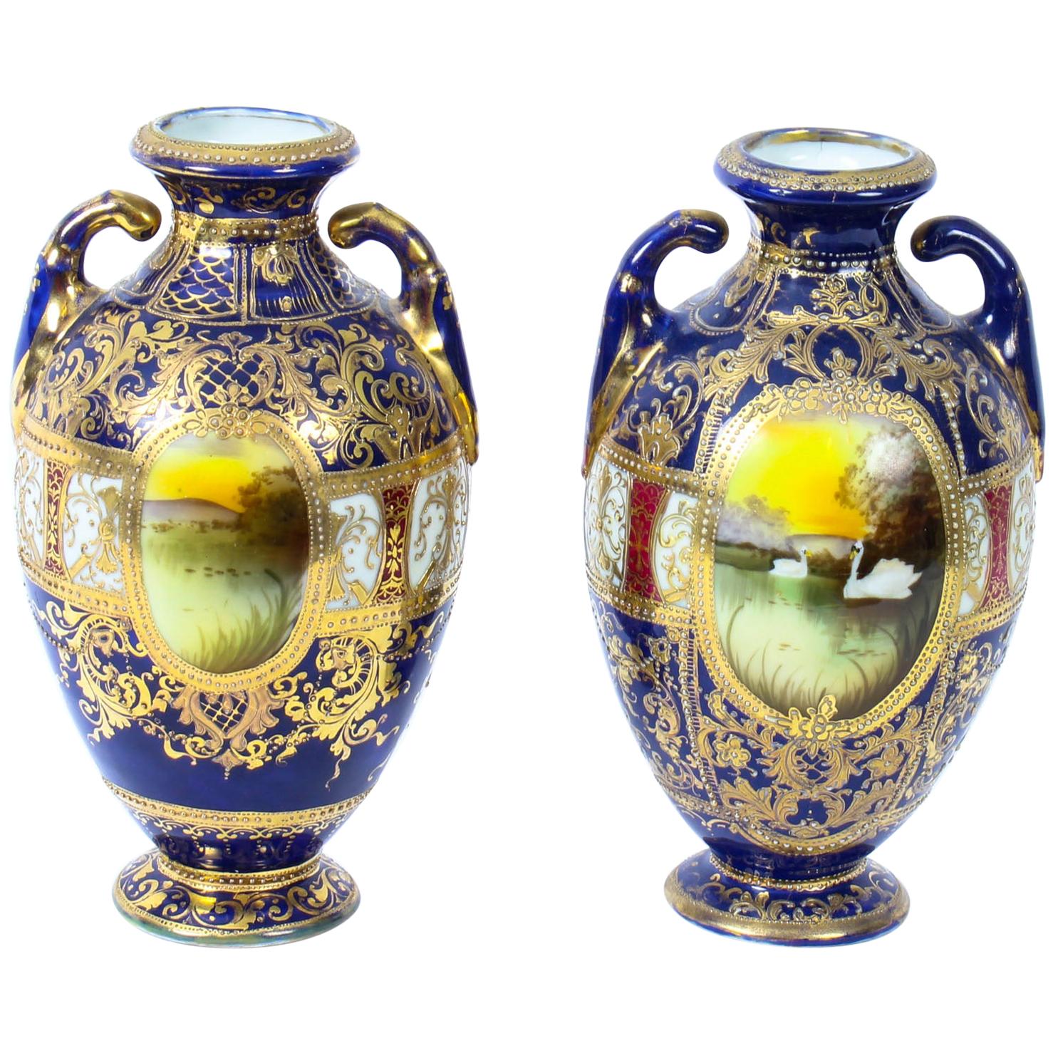 Antique Pair Taisho Period Noritake Hand Painted Porcelain Vases, 1920s